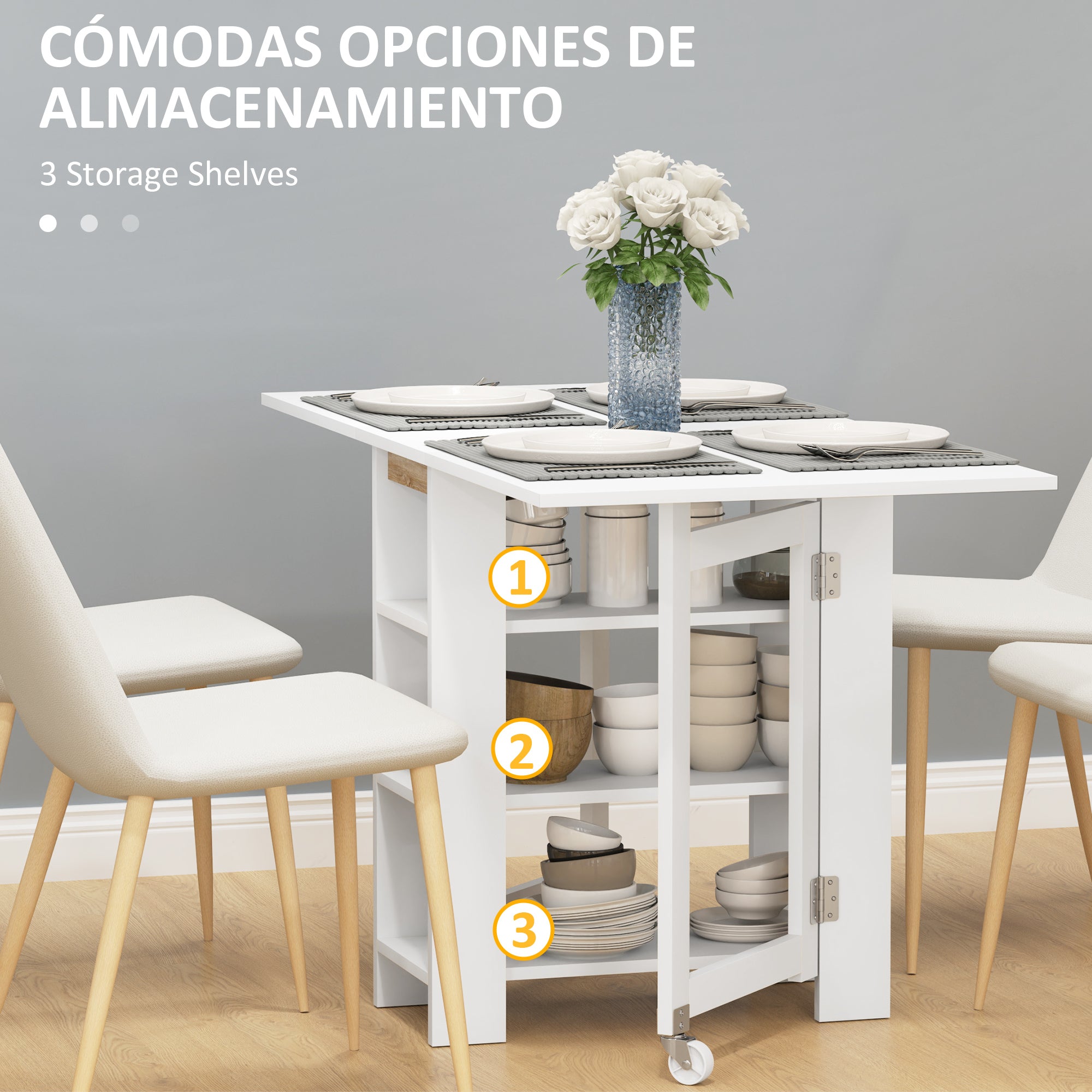 Folding Table with Folding Wings Dining Table Folding Kitchen Table with 2 Wheels and Shelves Modern Style 120x60x75 cm White