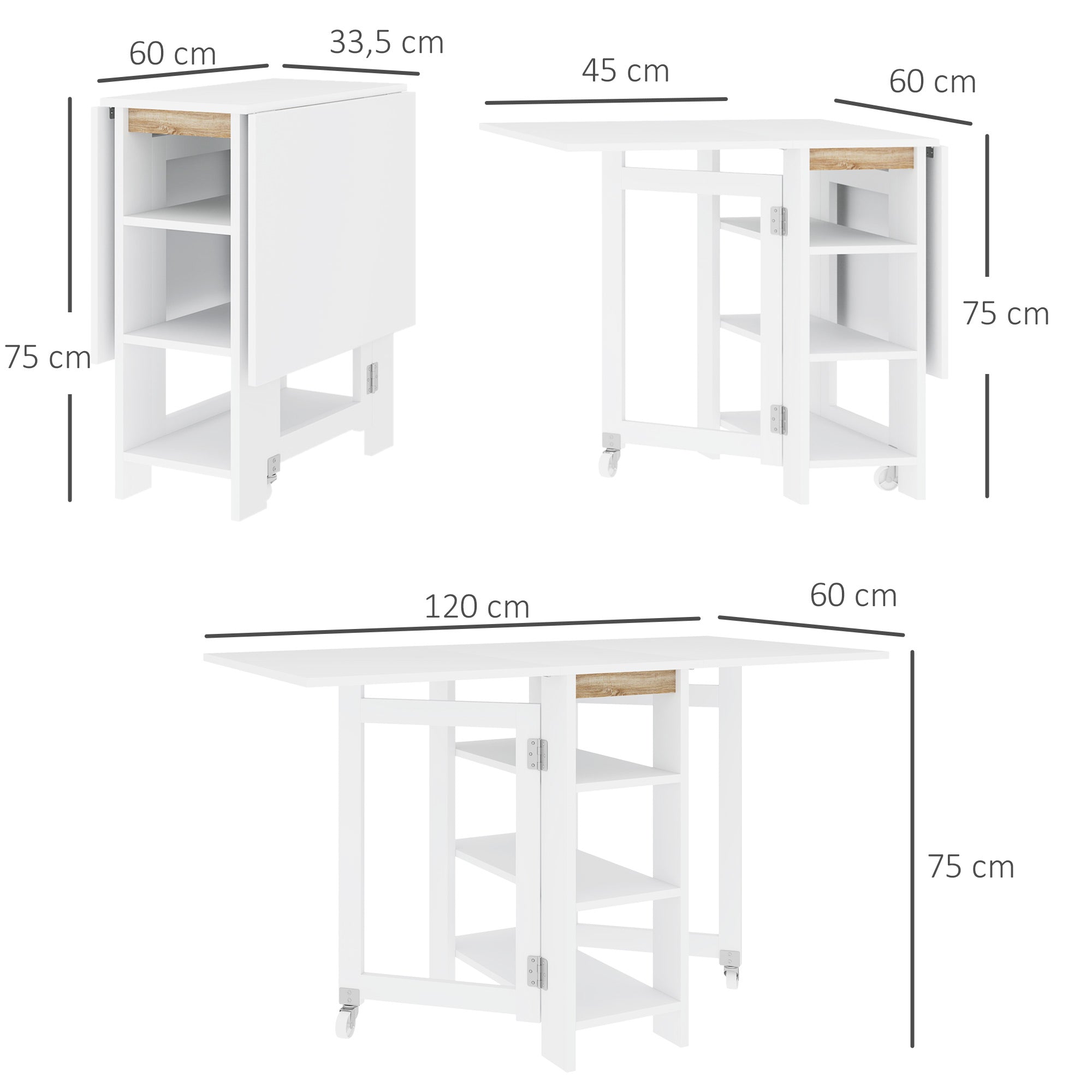 Folding Table with Folding Wings Dining Table Folding Kitchen Table with 2 Wheels and Shelves Modern Style 120x60x75 cm White