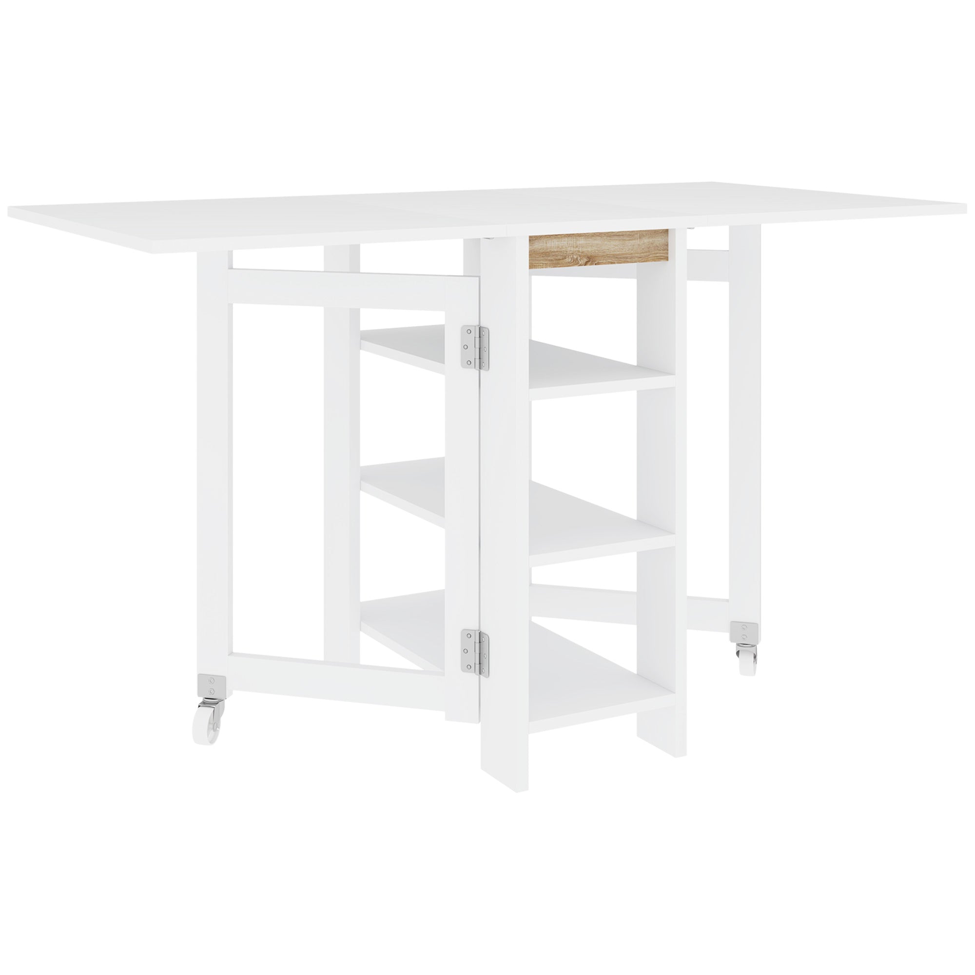 Folding Table with Folding Wings Dining Table Folding Kitchen Table with 2 Wheels and Shelves Modern Style 120x60x75 cm White