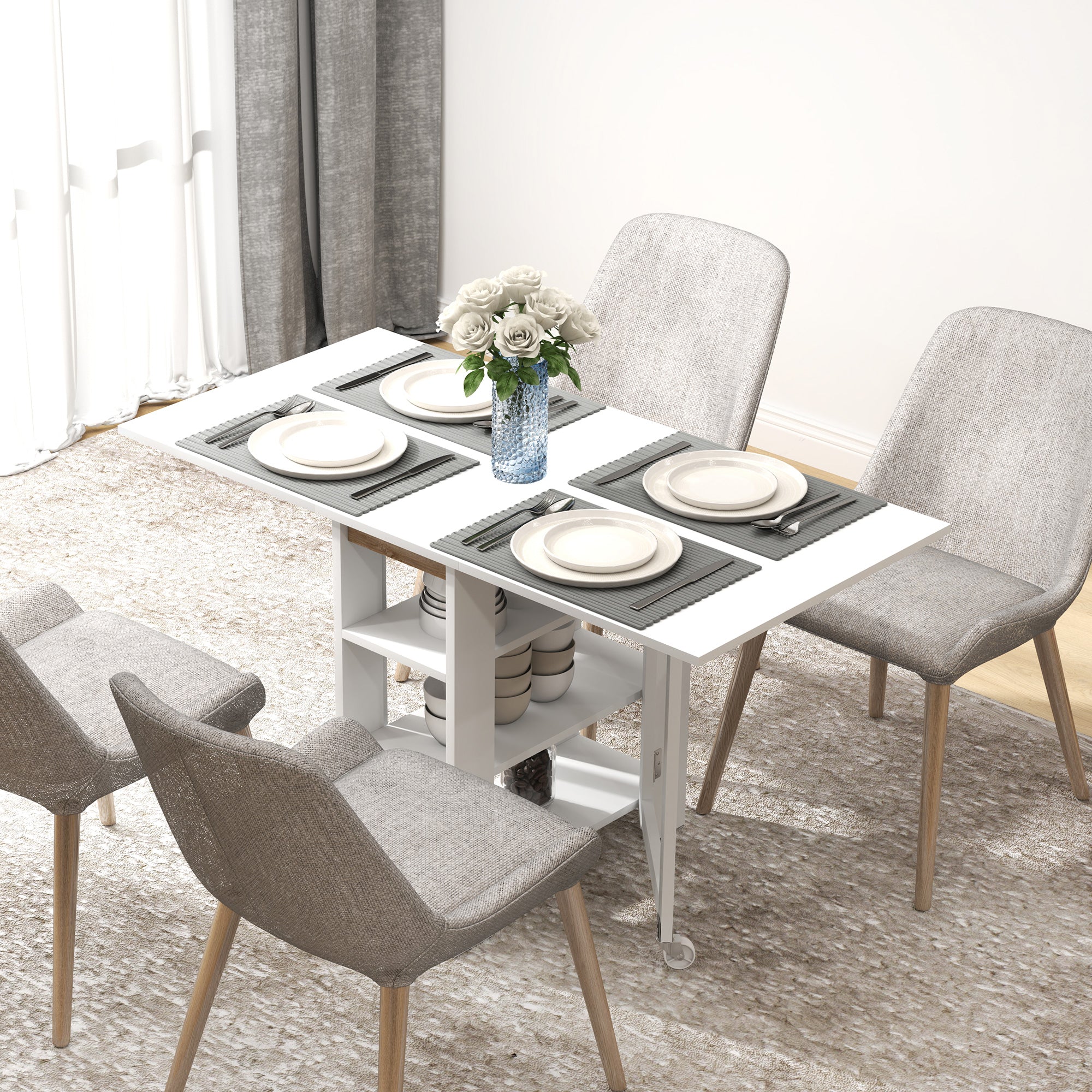 Folding Table with Folding Wings Dining Table Folding Kitchen Table with 2 Wheels and Shelves Modern Style 120x60x75 cm White