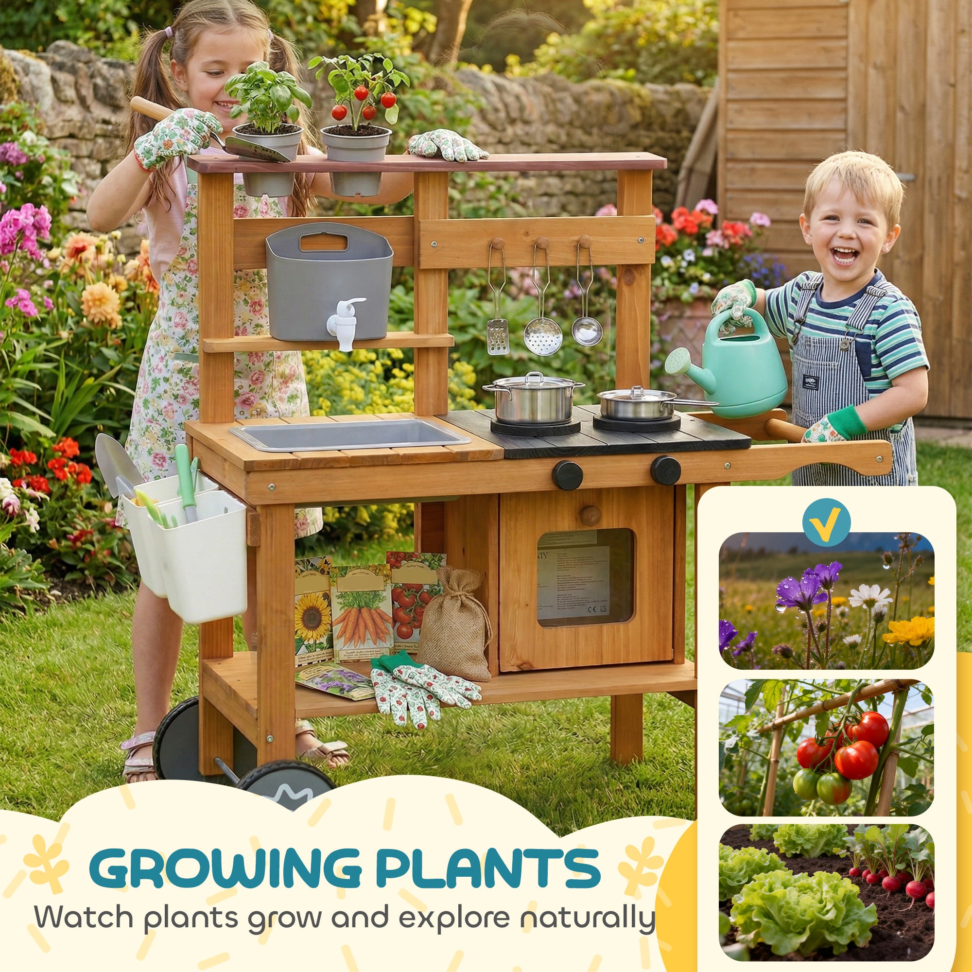Kids Outdoor Mud Kitchen — Wooden Play Kitchen with Faucet, Sink, Planter, Wheels, Storage & Stainless-Steel Accessories for Ages 3–6, Brown