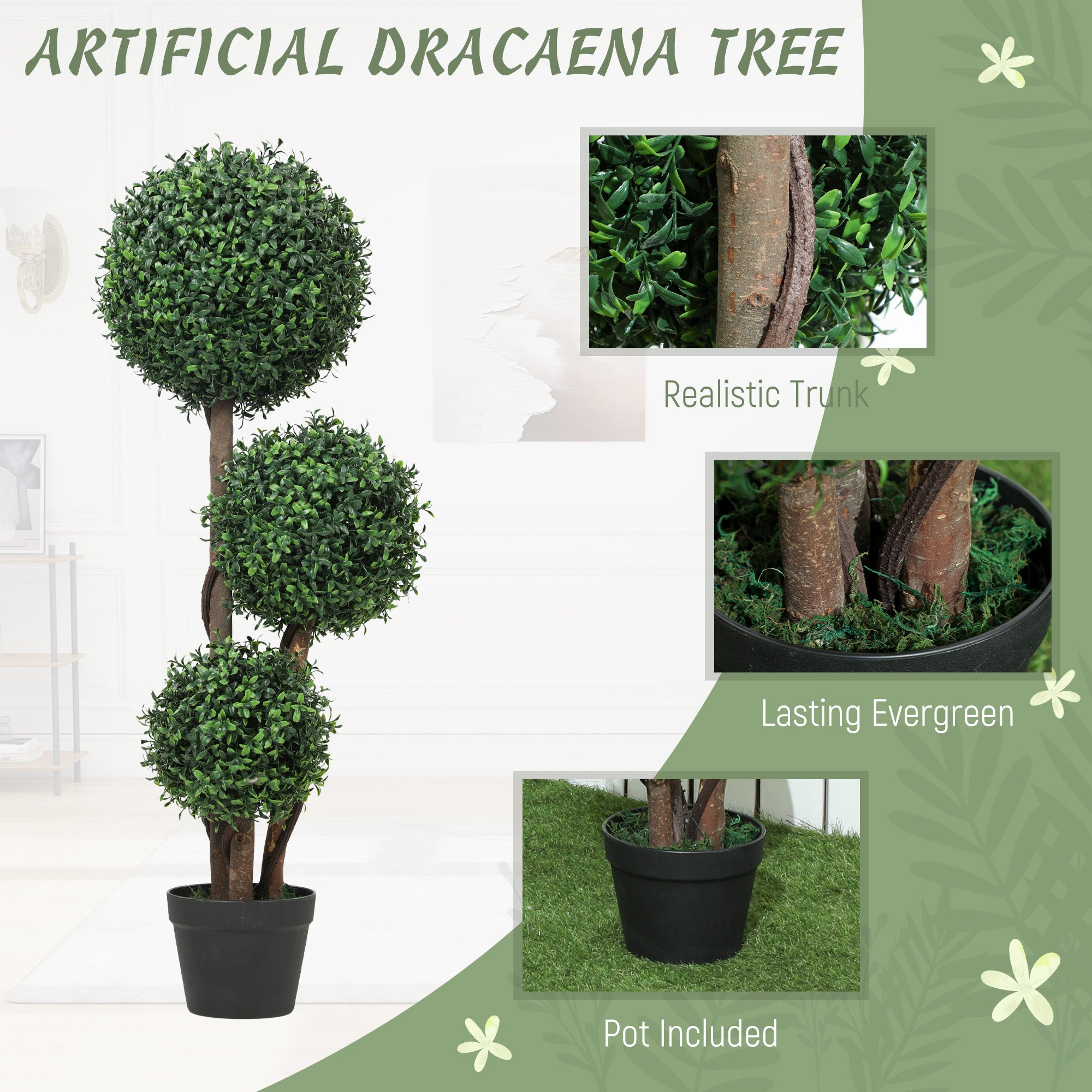 39.4 in (100 cm) Large Boxwood Topiary - Three-Ball Artificial Plant with Real Wood Trunk in Pot, Realistic Faux Plant for Living Room, Bedroom, Office, Garden Decor, Gift