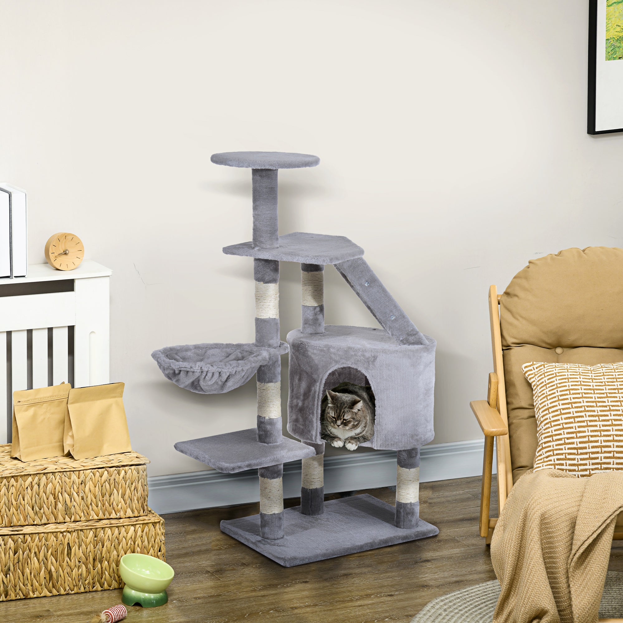 Scratching Tree for Cats Large 55x40x125 cm Cat Tower with Posts Ladder Spacious Cave Hammock and Various Platforms Grey