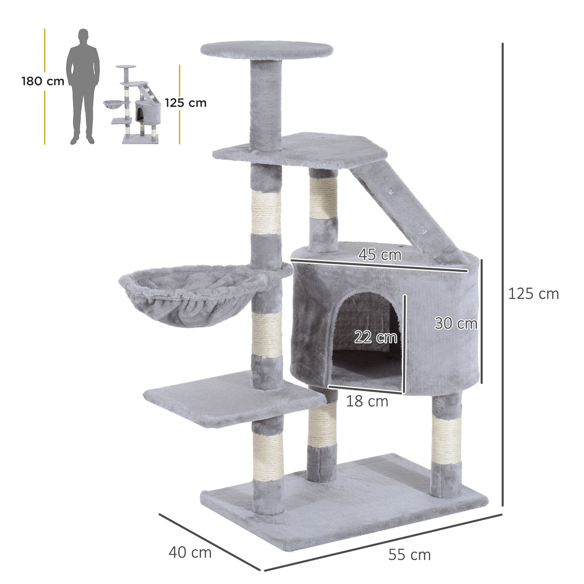 Scratching Tree for Cats Large 55x40x125 cm Cat Tower with Posts Ladder Spacious Cave Hammock and Various Platforms Grey