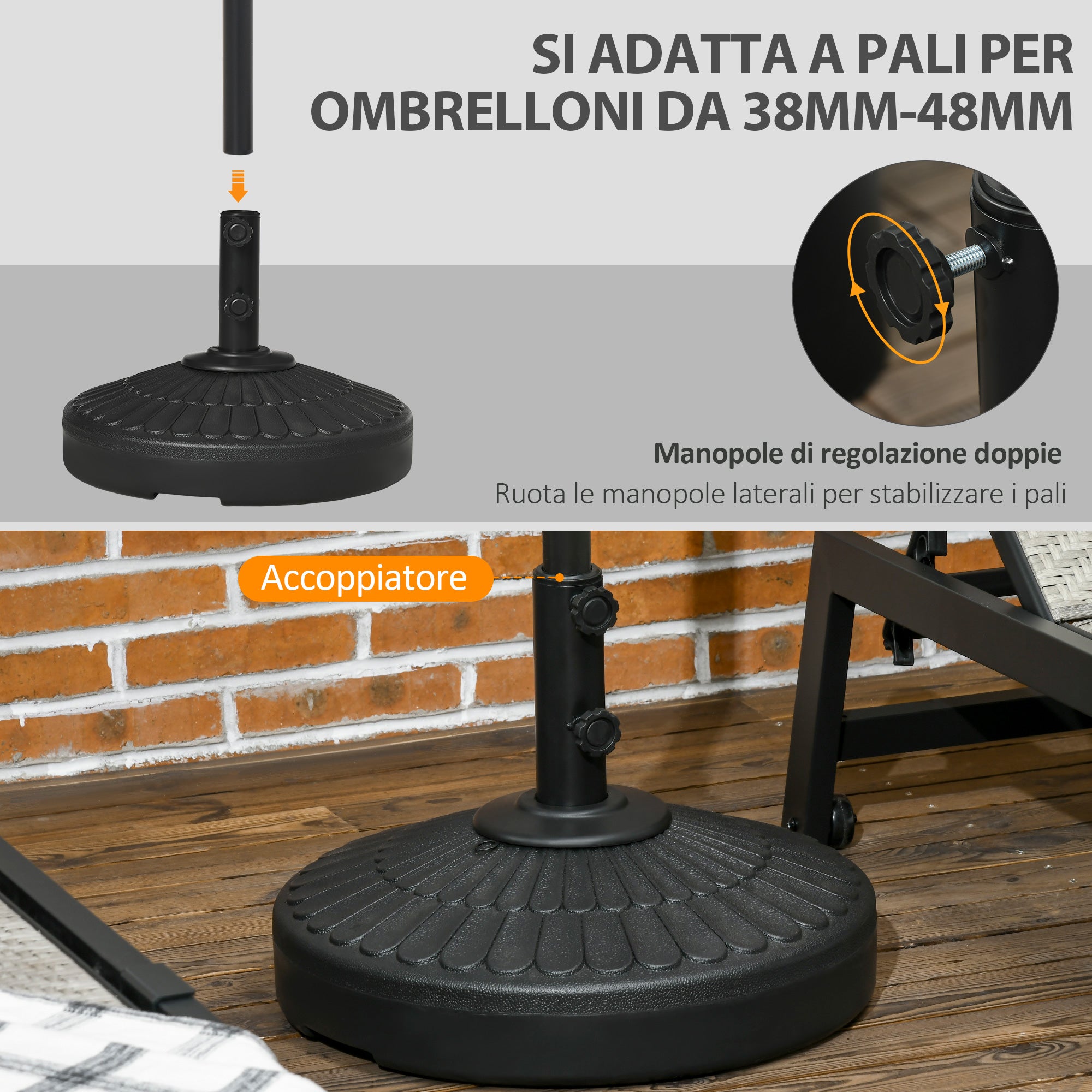 Garden Umbrella Base in HDPE with Diameter 38-48 mm, Fillable Base up to 21 kg with Water and 27 kg Sand, Ø48.5x36 cm, Black