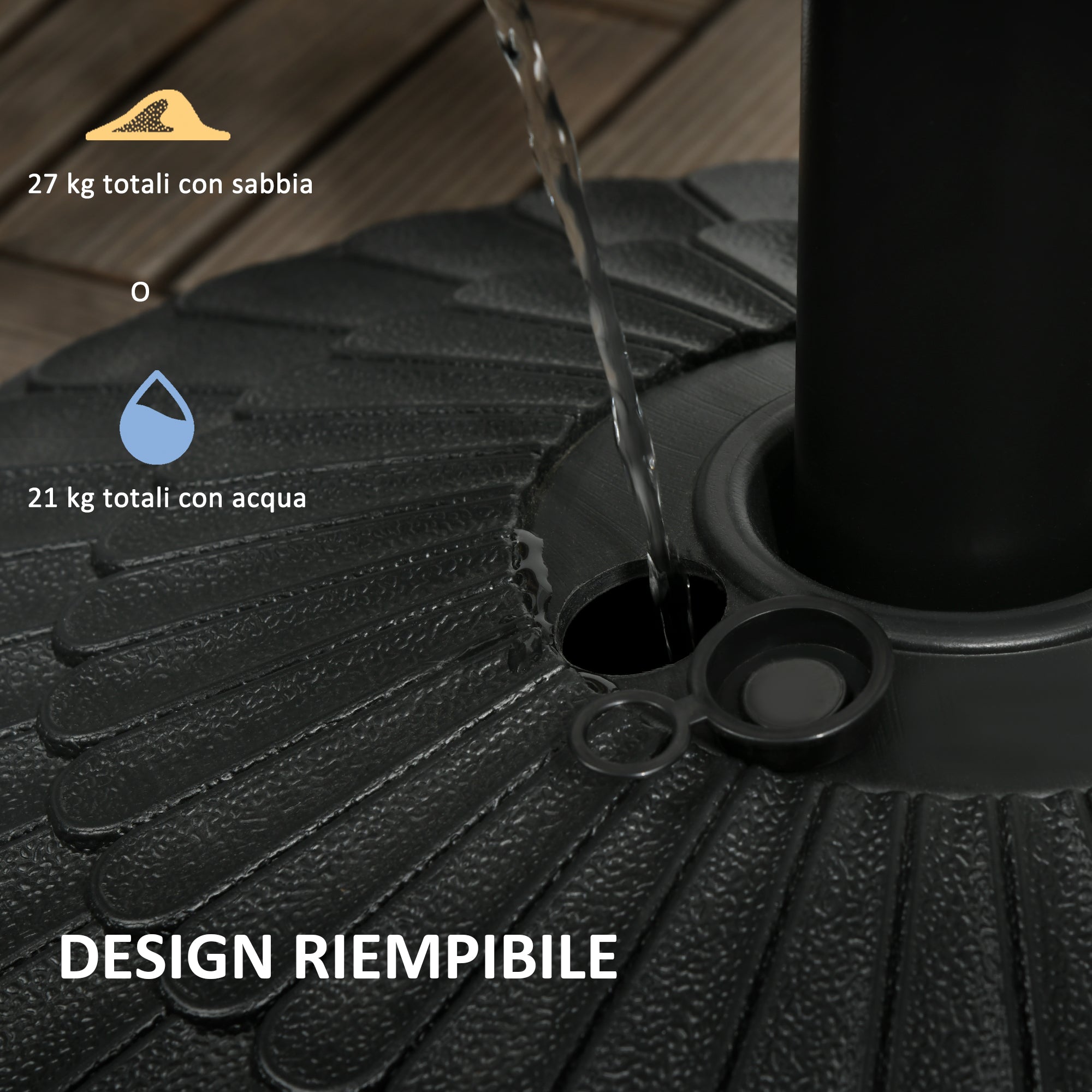 Garden Umbrella Base in HDPE with Diameter 38-48 mm, Fillable Base up to 21 kg with Water and 27 kg Sand, Ø48.5x36 cm, Black