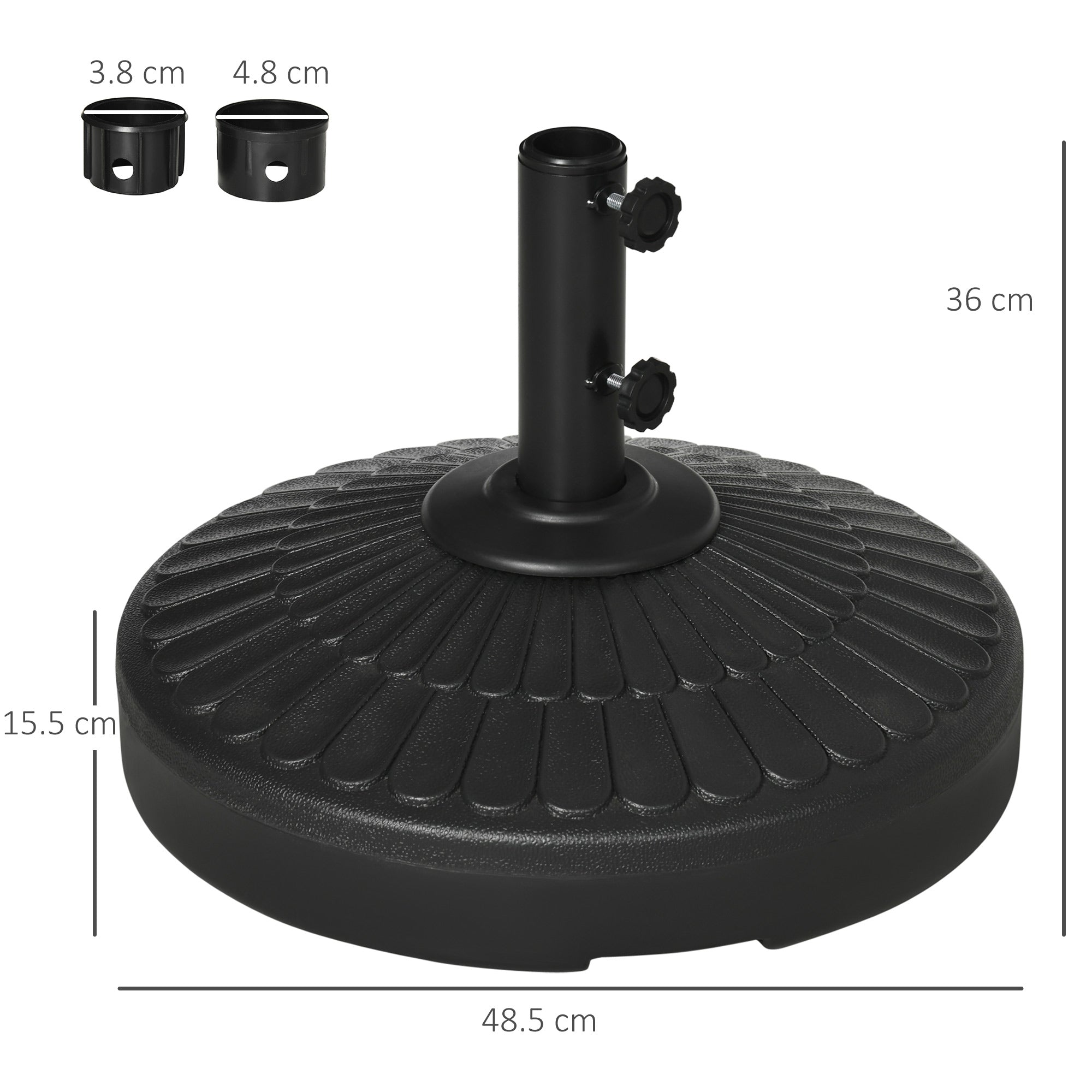 Garden Umbrella Base in HDPE with Diameter 38-48 mm, Fillable Base up to 21 kg with Water and 27 kg Sand, Ø48.5x36 cm, Black