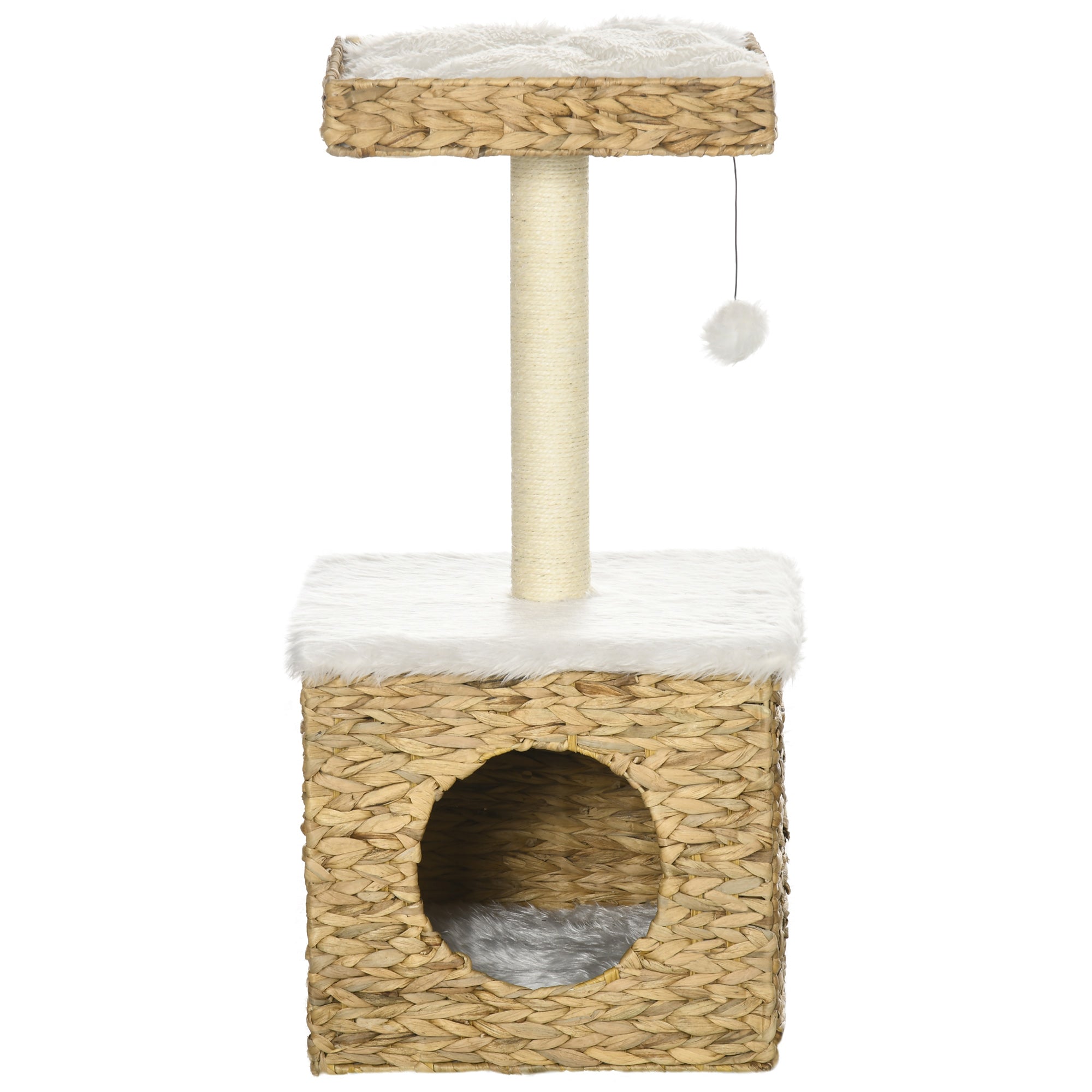 2-Level Cat Tree with 1 Niche, 1 Sisal Pole, 1 Observation Platform, and 1 Hanging Pompon - 2 Removable Cushions - Water Hyacinth