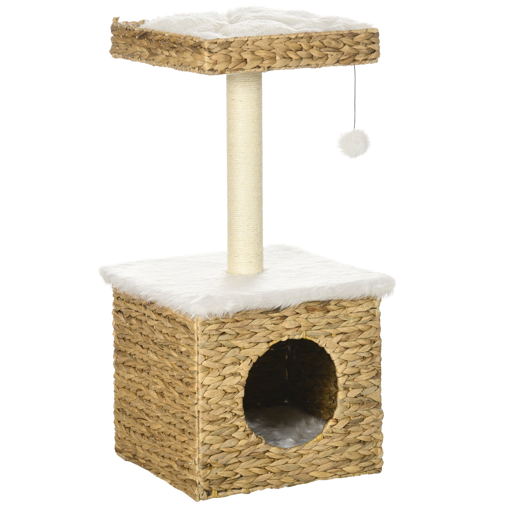 2-Level Cat Tree with 1 Niche, 1 Sisal Pole, 1 Observation Platform, and 1 Hanging Pompon - 2 Removable Cushions - Water Hyacinth