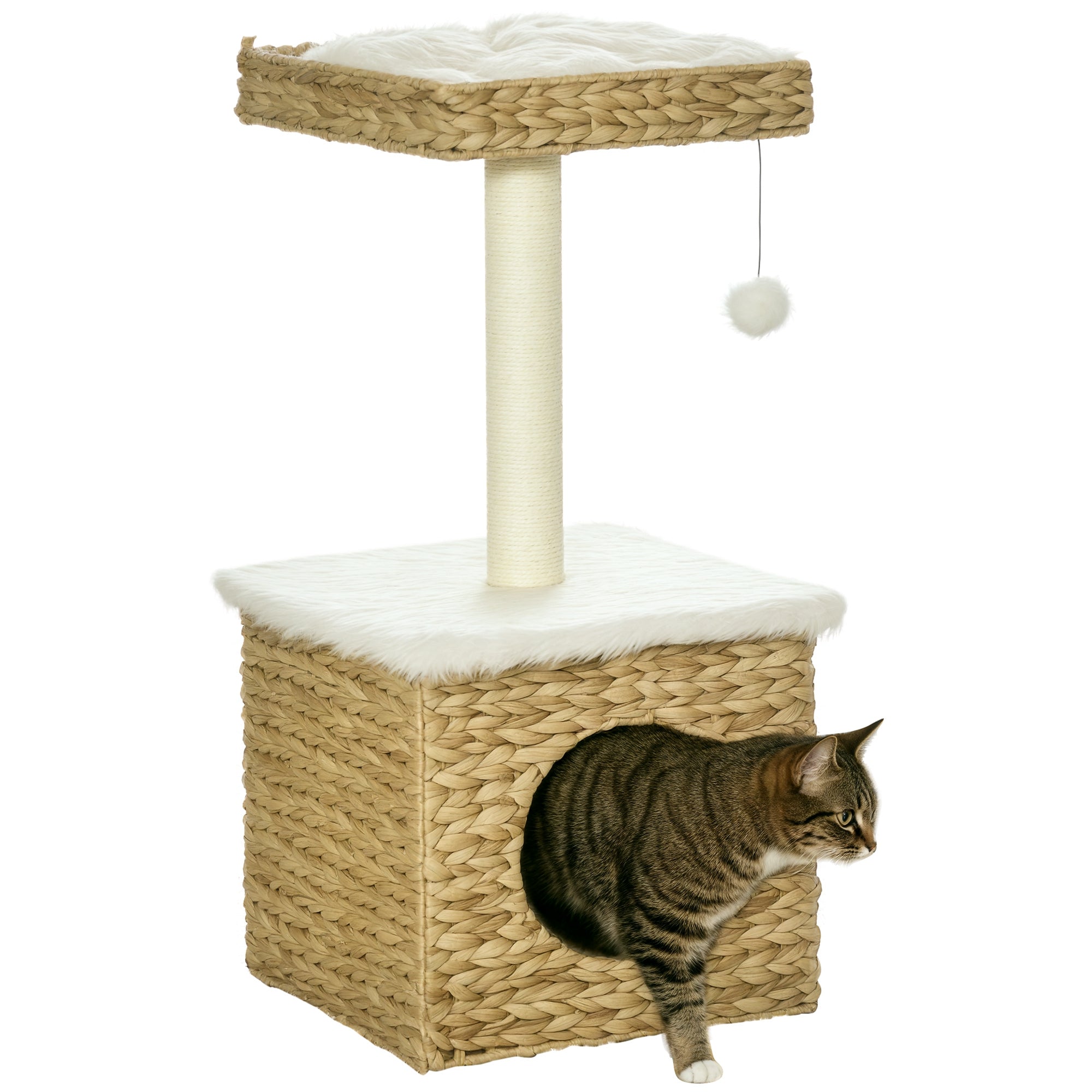 2-Level Cat Tree with 1 Niche, 1 Sisal Pole, 1 Observation Platform, and 1 Hanging Pompon - 2 Removable Cushions - Water Hyacinth