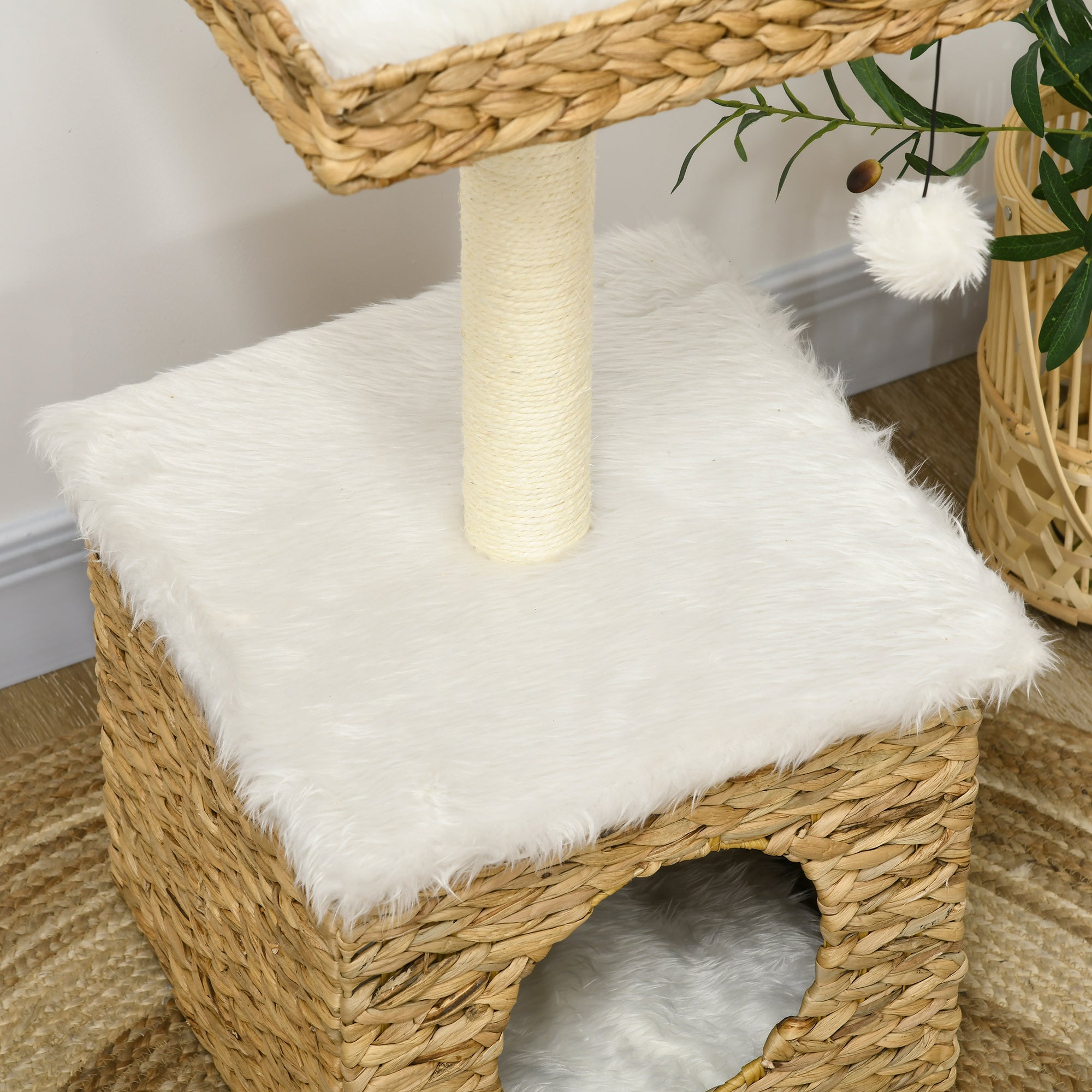 2-Level Cat Tree with 1 Niche, 1 Sisal Pole, 1 Observation Platform, and 1 Hanging Pompon - 2 Removable Cushions - Water Hyacinth