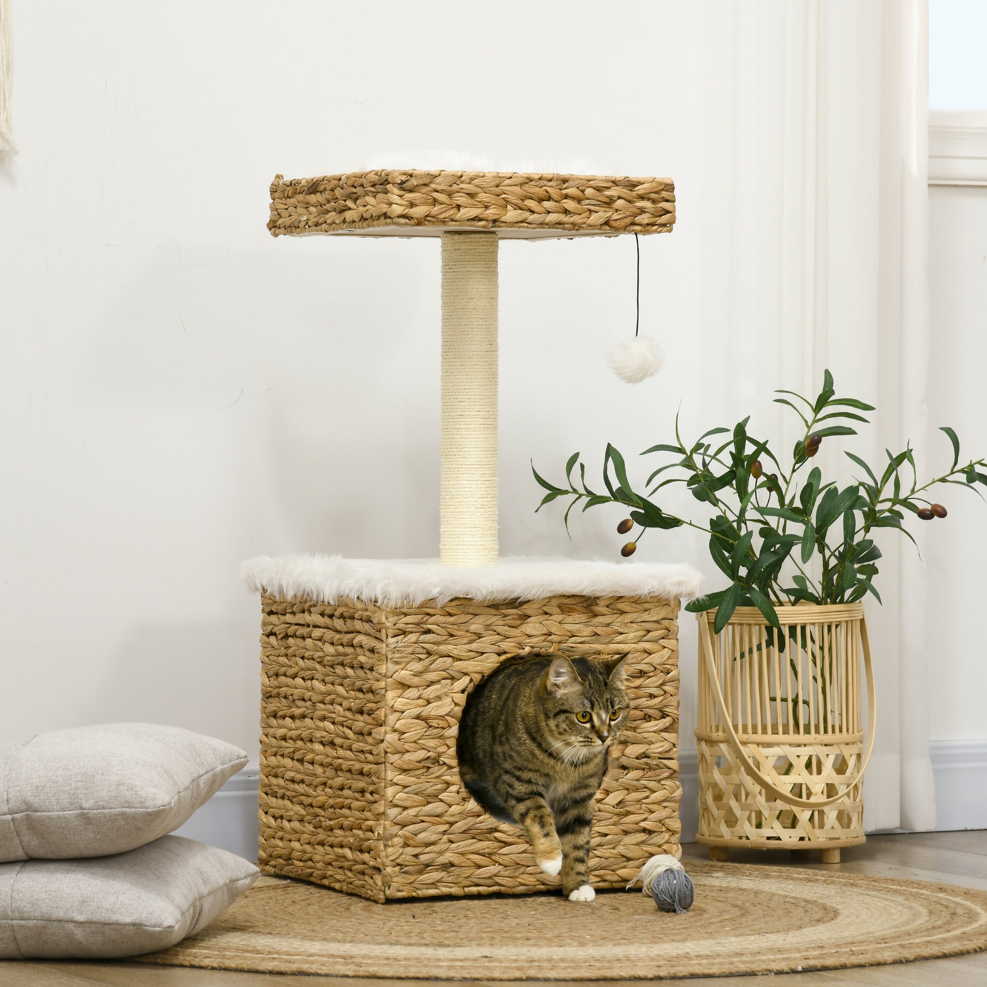2-Level Cat Tree with 1 Niche, 1 Sisal Pole, 1 Observation Platform, and 1 Hanging Pompon - 2 Removable Cushions - Water Hyacinth