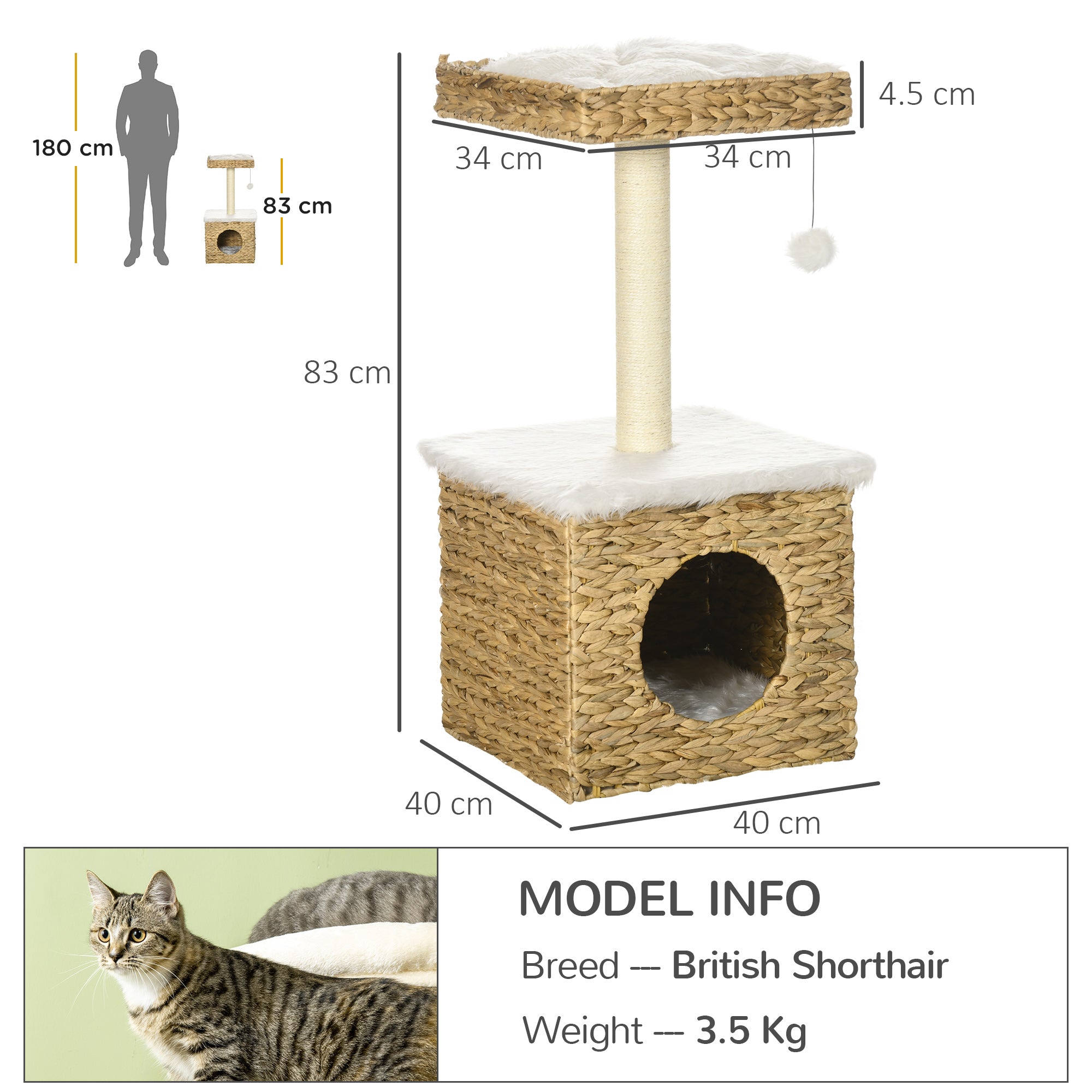 2-Level Cat Tree with 1 Niche, 1 Sisal Pole, 1 Observation Platform, and 1 Hanging Pompon - 2 Removable Cushions - Water Hyacinth