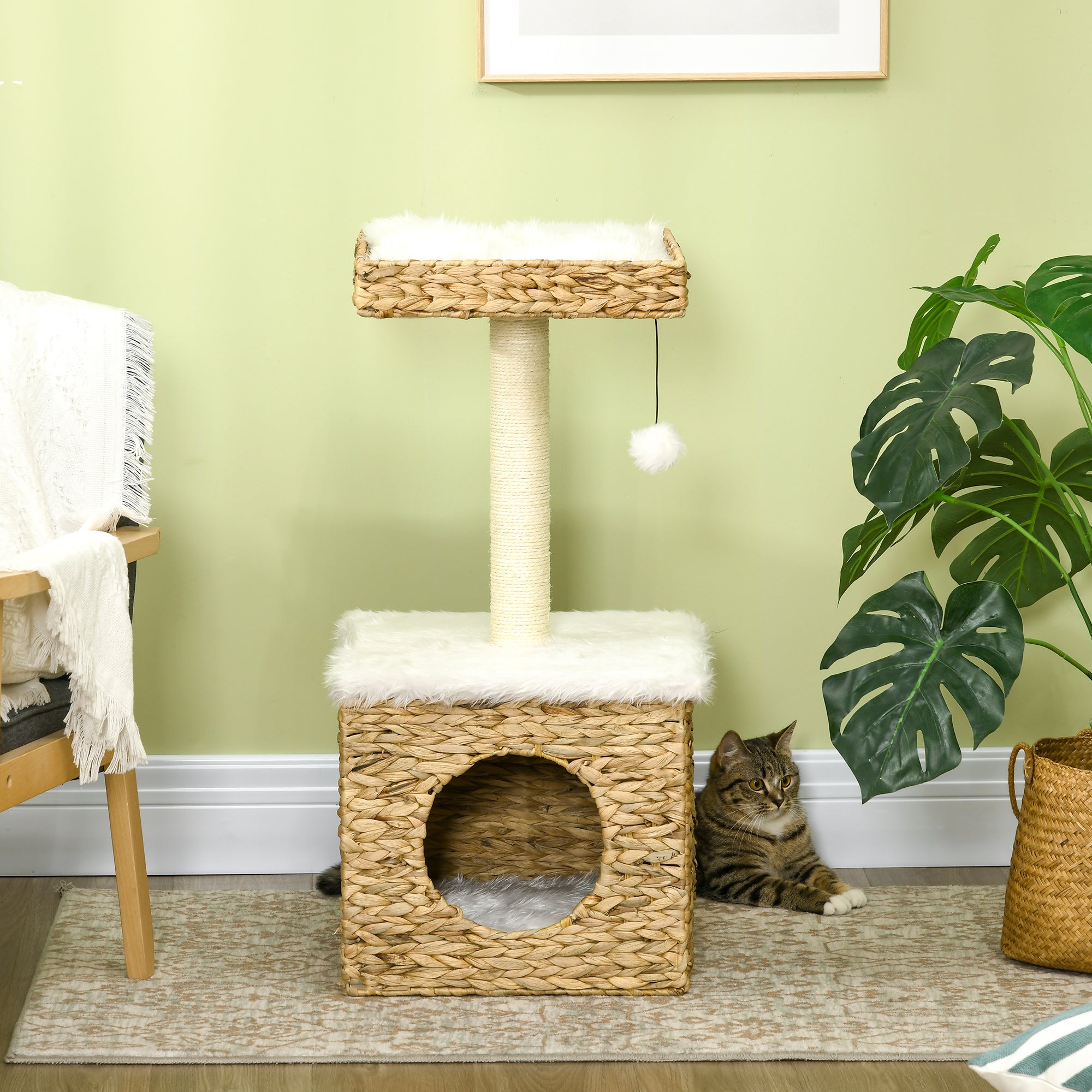 2-Level Cat Tree with 1 Niche, 1 Sisal Pole, 1 Observation Platform, and 1 Hanging Pompon - 2 Removable Cushions - Water Hyacinth