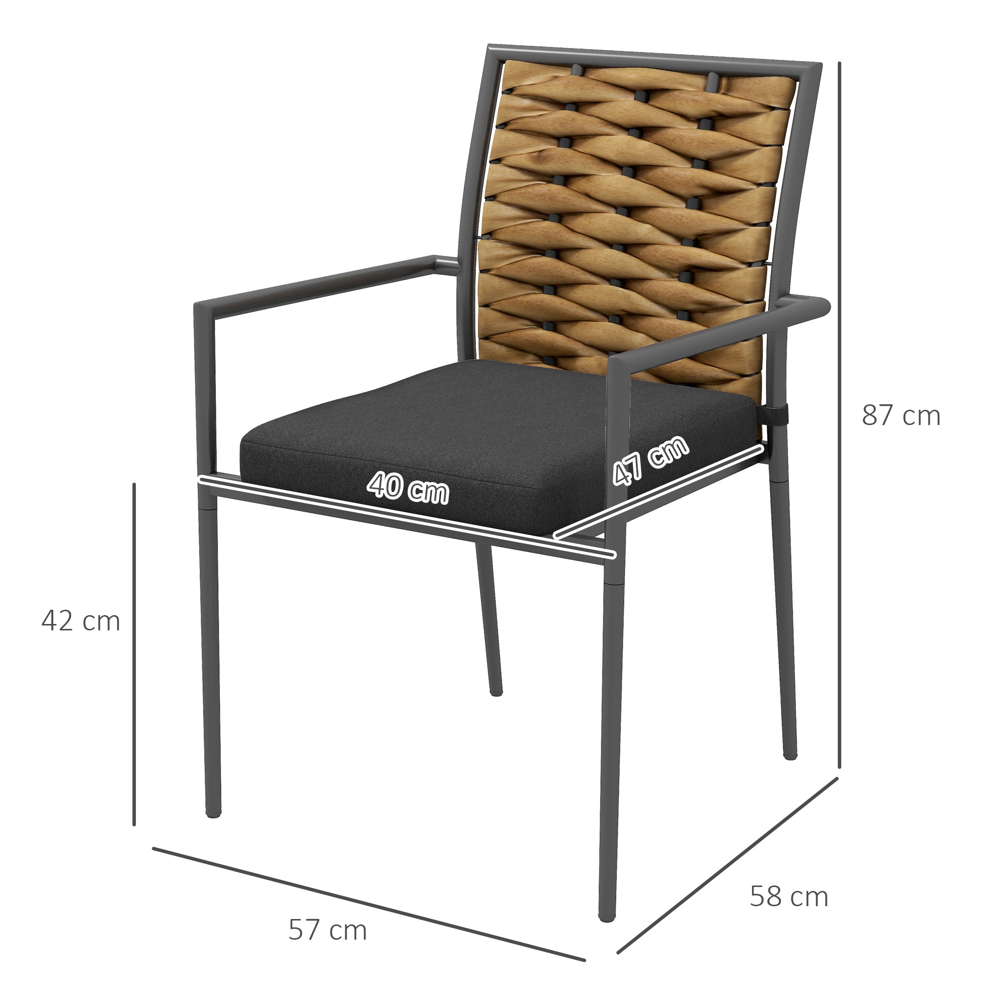2-Piece Rattan Garden Chair Set with Cushions, Stackable Patio Chair, Balcony Chair for Terrace, Steel, 57 x 58 x 87 cm, Brown+Black+Gray