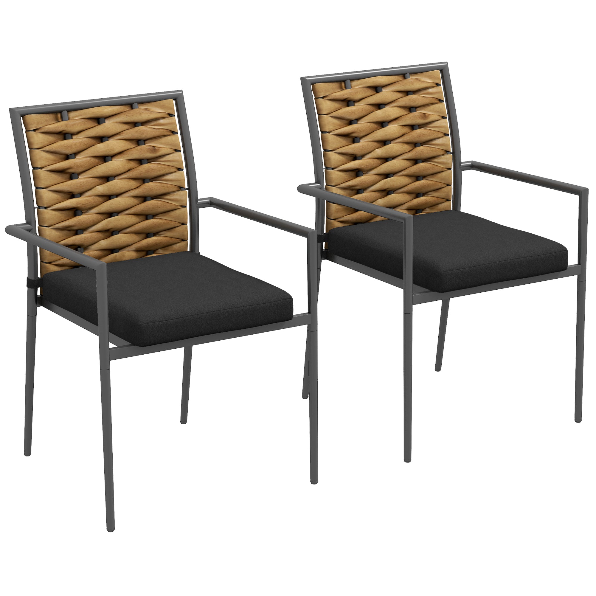 2-Piece Rattan Garden Chair Set with Cushions, Stackable Patio Chair, Balcony Chair for Terrace, Steel, 57 x 58 x 87 cm, Brown+Black+Gray