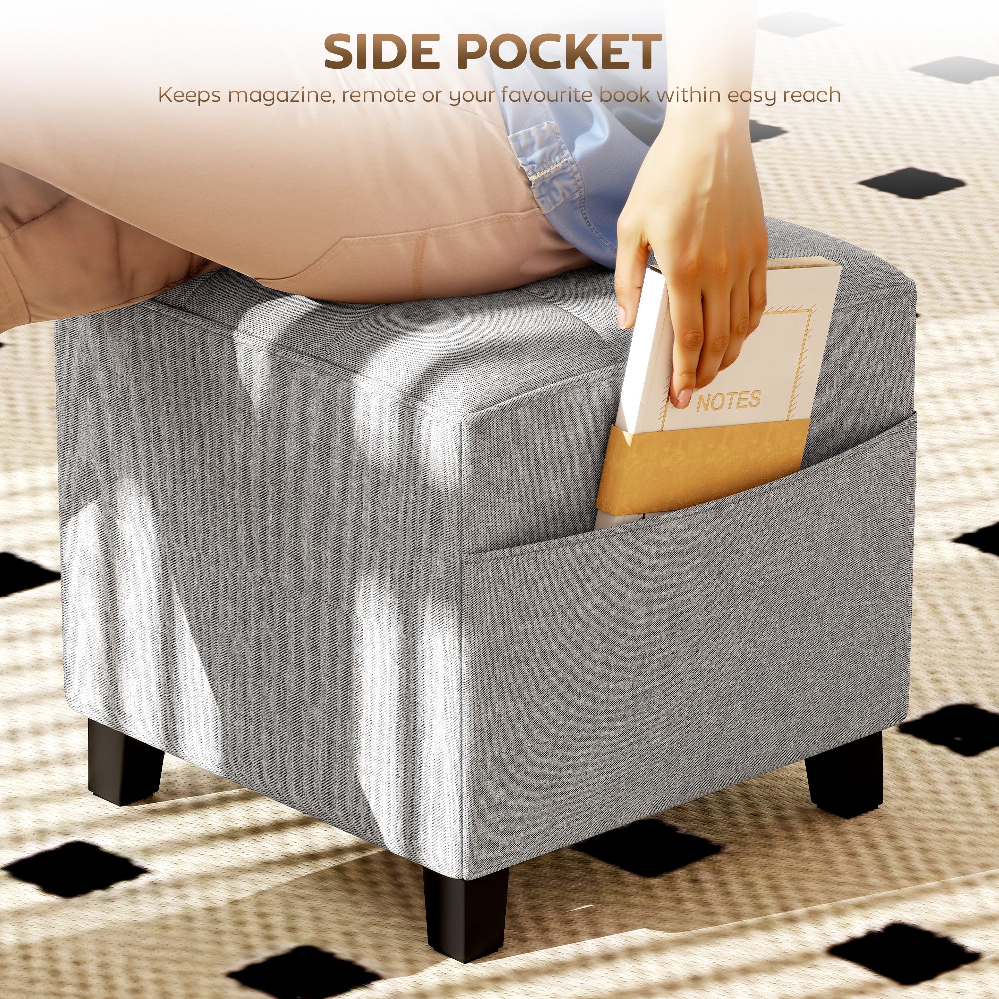 Square Ottoman with Side Pocket, Padded Seat, Rubberwood Legs, Linen-Look Fabric, 13.8 in, Light Gray