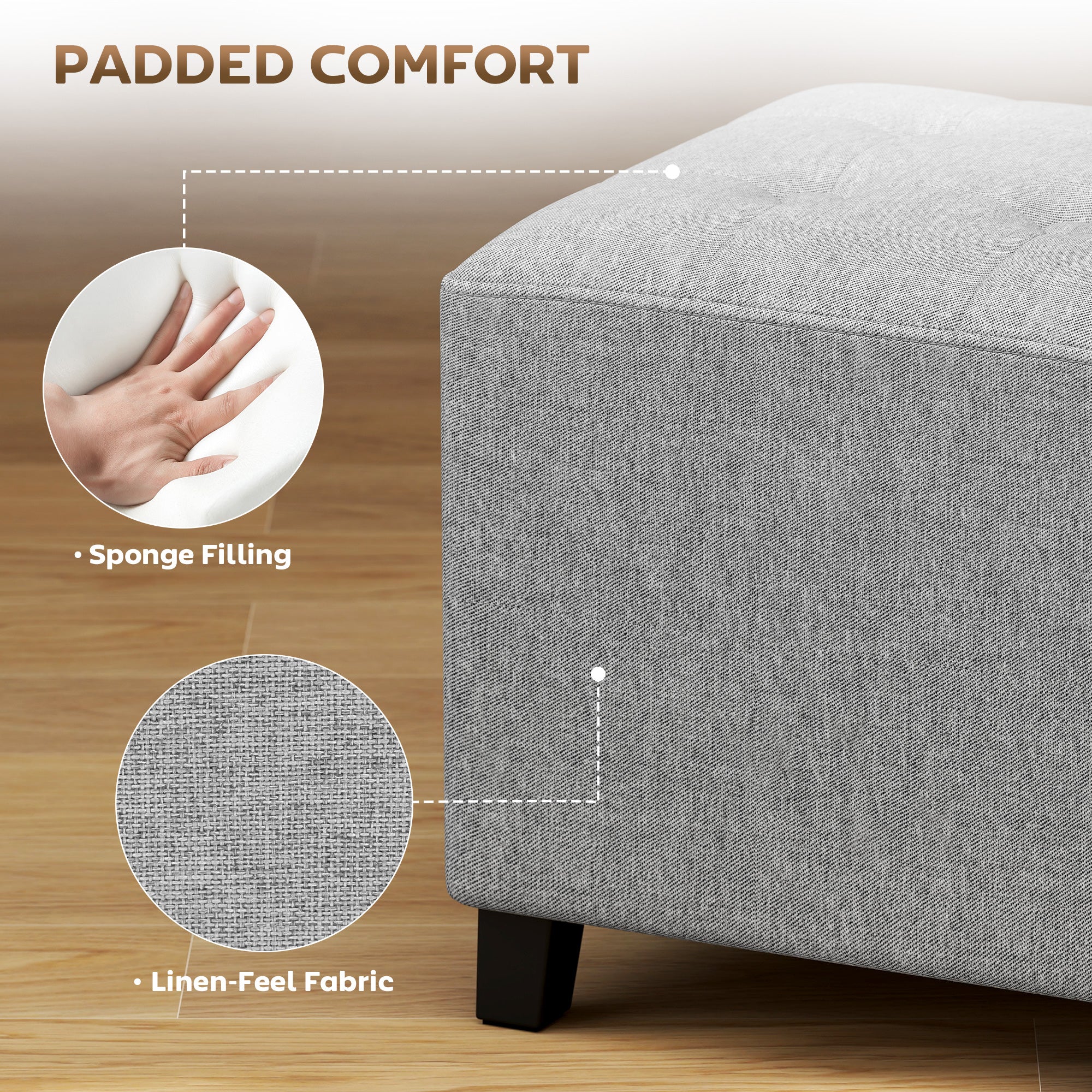 Square Ottoman with Side Pocket, Padded Seat, Rubberwood Legs, Linen-Look Fabric, 13.8 in, Light Gray