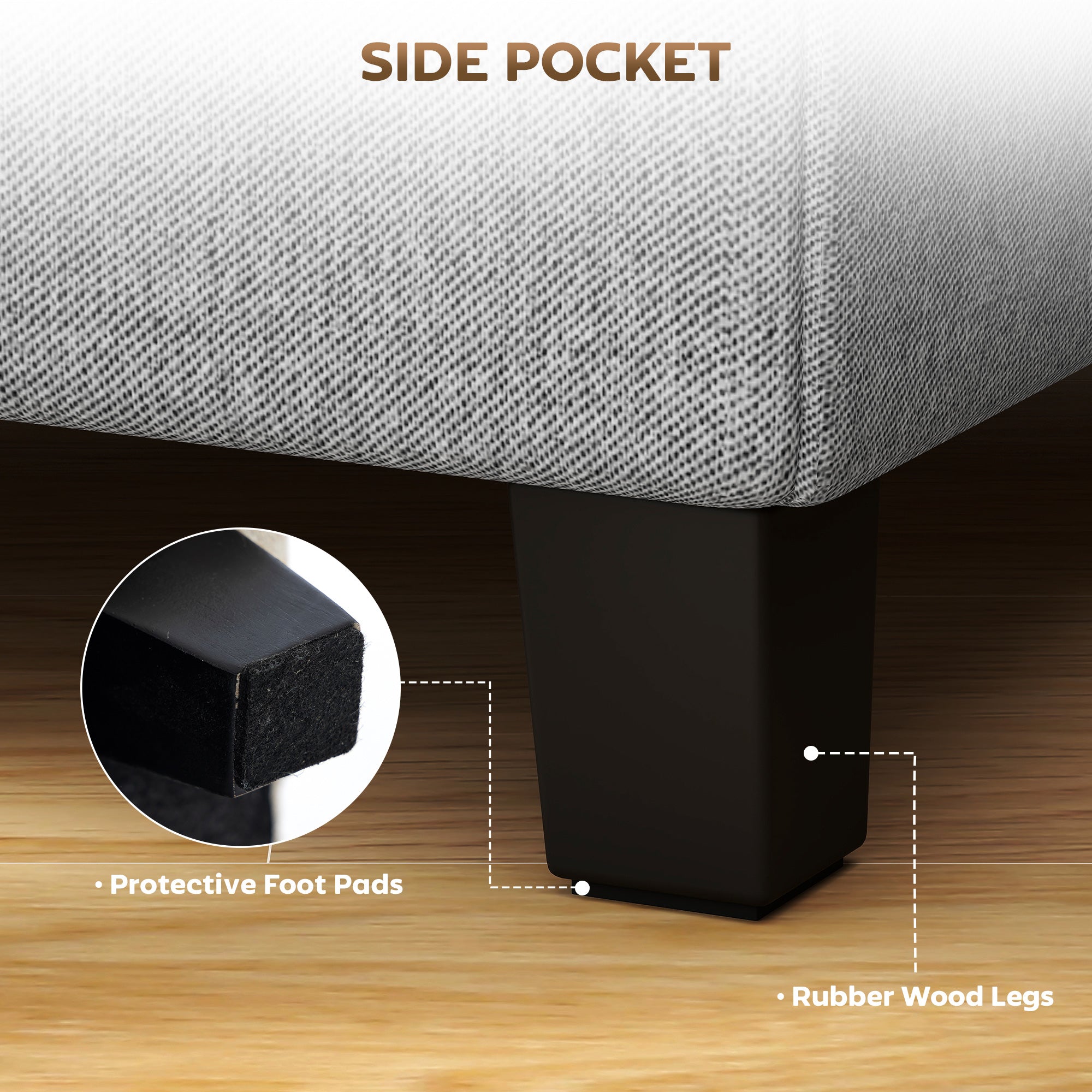 Square Ottoman with Side Pocket, Padded Seat, Rubberwood Legs, Linen-Look Fabric, 13.8 in, Light Gray