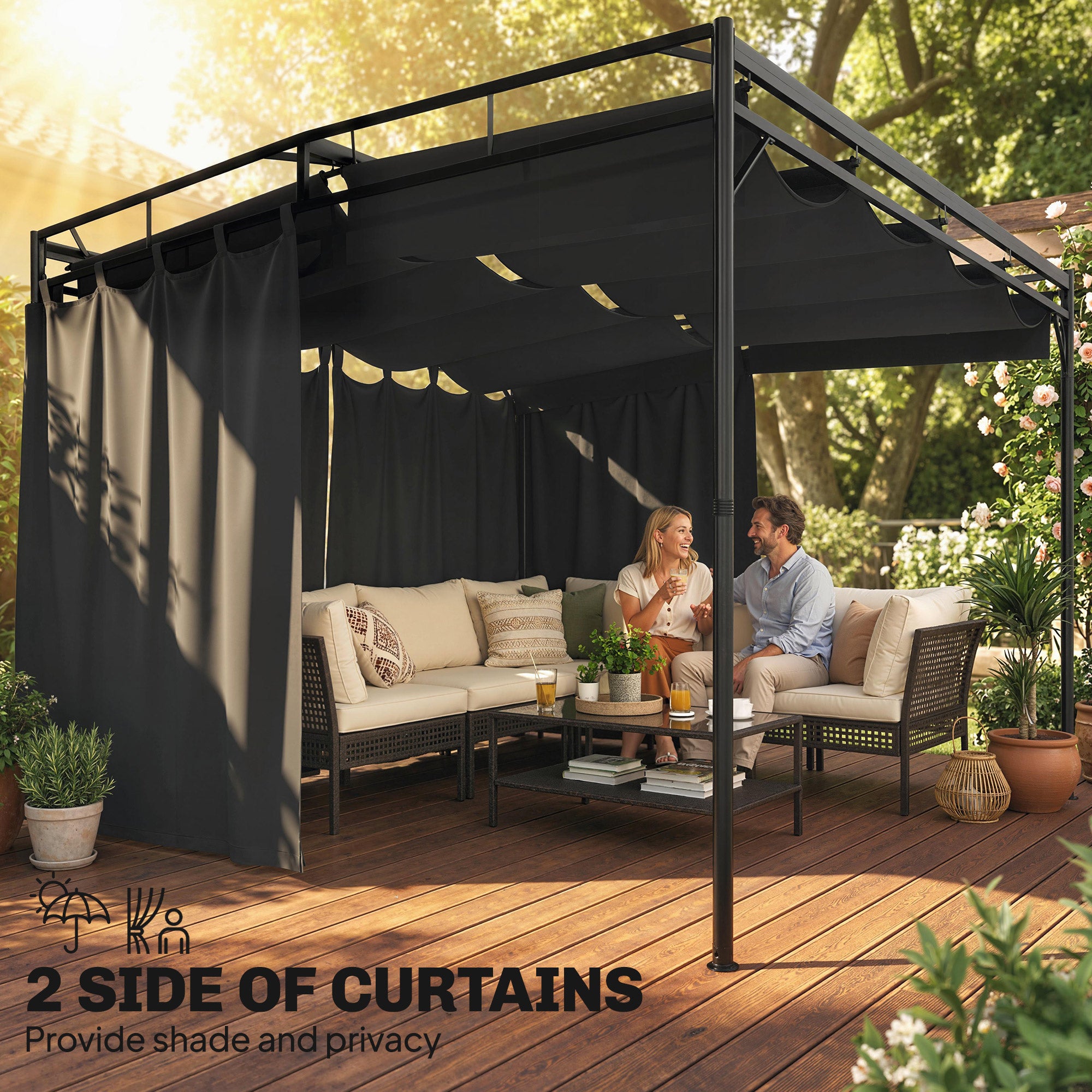 Pergola Gazebo 3 x 3 m (10 x 10 ft) — Water-Resistant Retractable Canopy with Curtains, Freestanding Garden Pavilion, Stable Patio Cover, Dark Gray