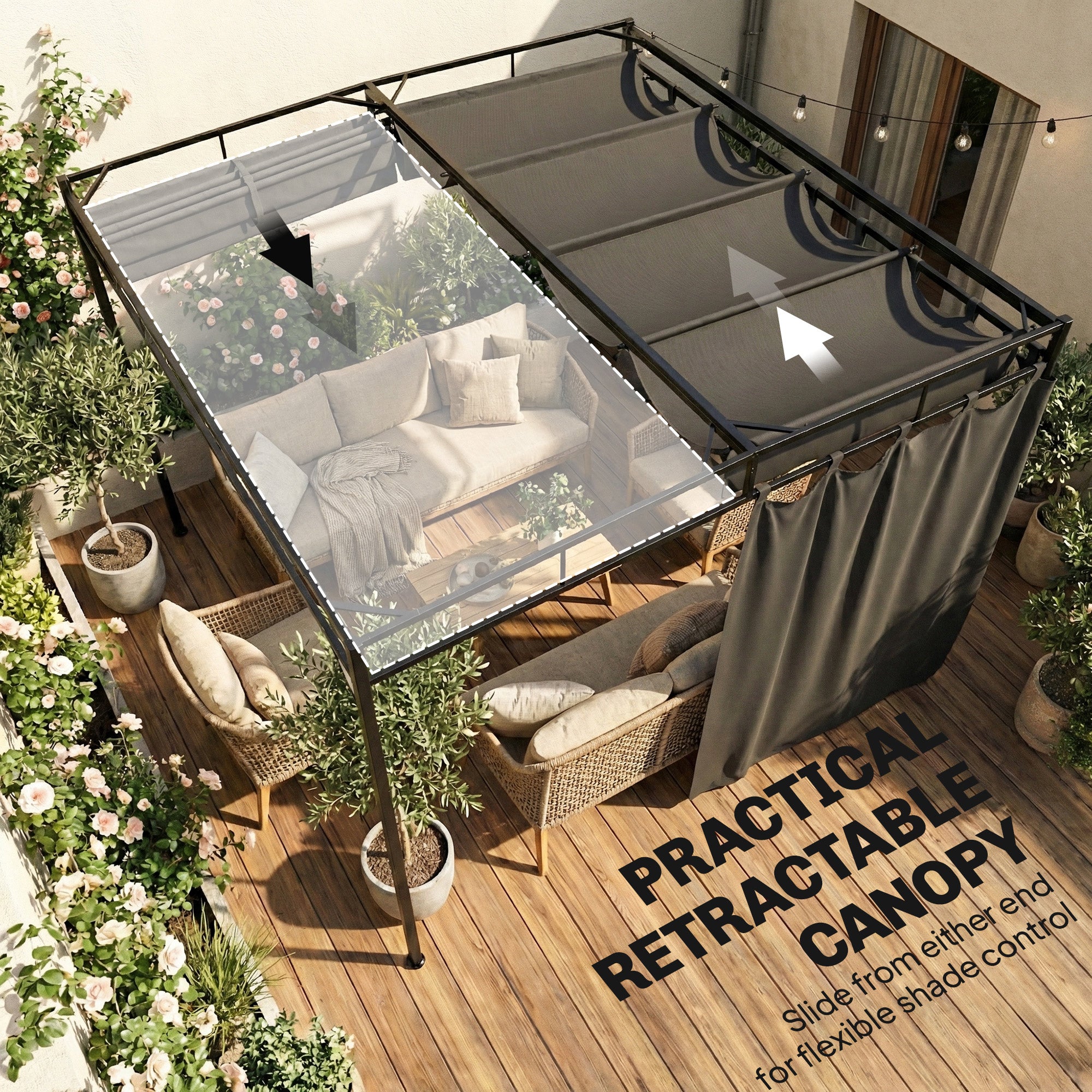 Pergola Gazebo 3 x 3 m (10 x 10 ft) — Water-Resistant Retractable Canopy with Curtains, Freestanding Garden Pavilion, Stable Patio Cover, Dark Gray