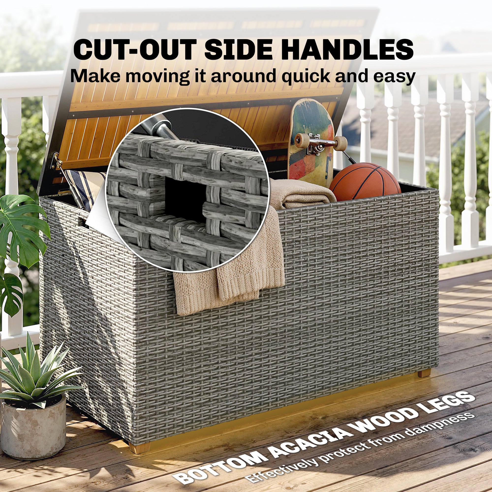 2-in-1 Outdoor Rattan Storage Box 450 L — Waterproof Cushion Box with FSC Acacia Wood Lid, Gas Strut, Lined Interior, UV & Weather Resistant, Dark Gray