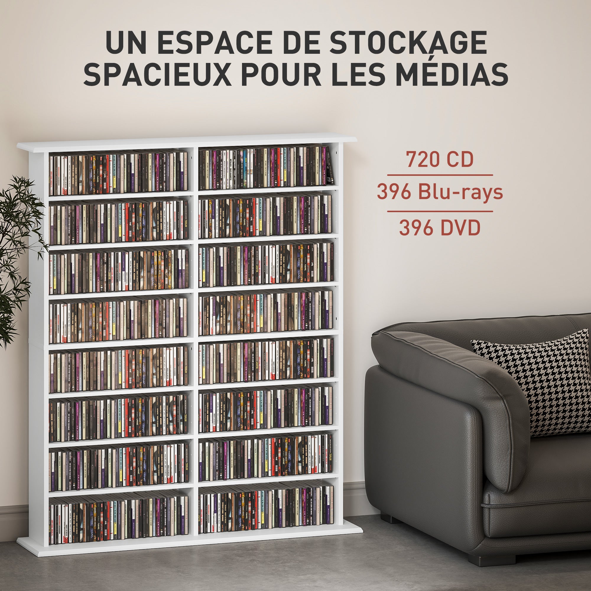 CD and DVD Storage, multimedia storage unit with 16 compartments and 12 adjustable shelves, max capacity 720 CD/396 DVD and Blu-ray, 106.5 x 24 x 123.7 cm, white