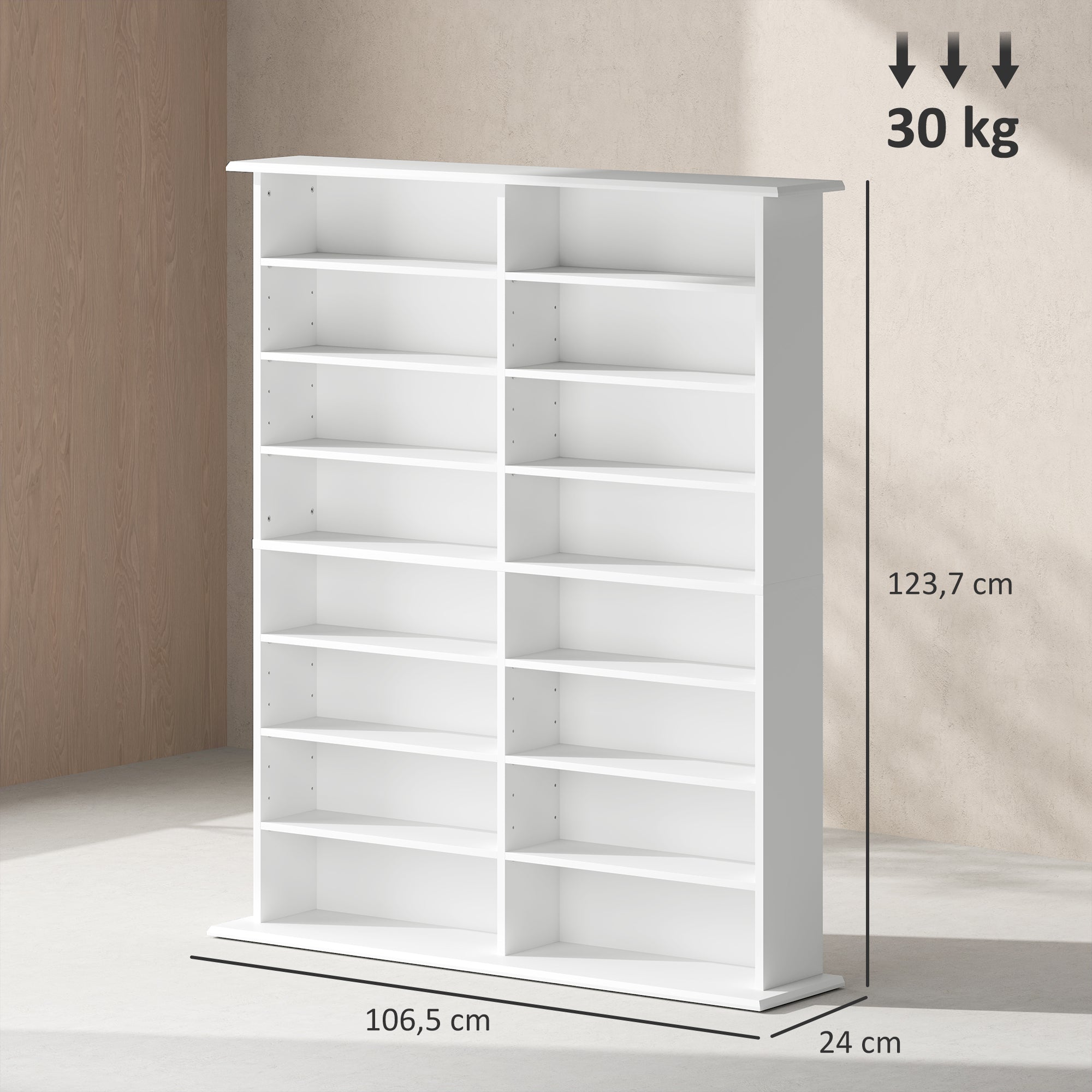 CD and DVD Storage, multimedia storage unit with 16 compartments and 12 adjustable shelves, max capacity 720 CD/396 DVD and Blu-ray, 106.5 x 24 x 123.7 cm, white