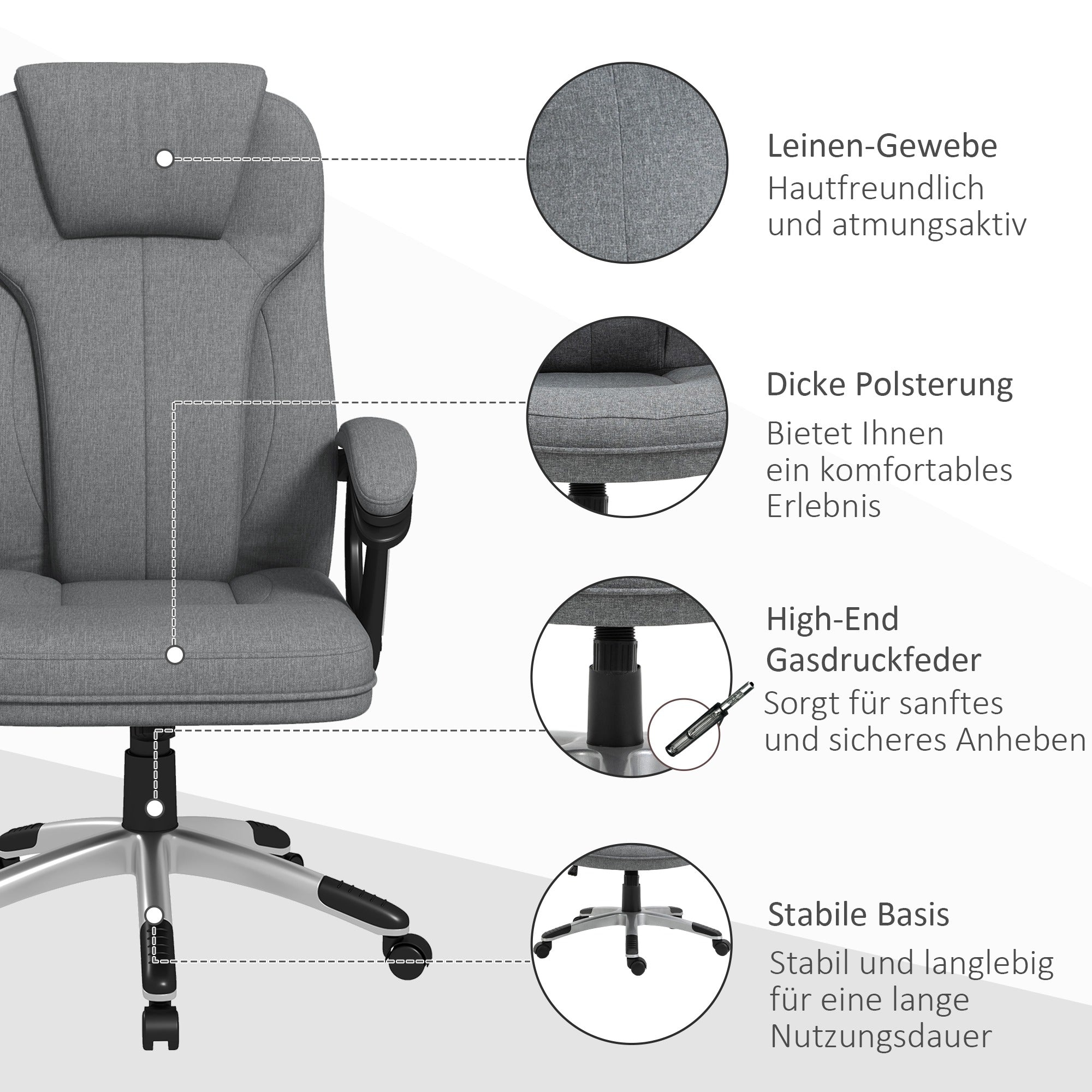 Office Chair Computer Chair Swivel Chair Height-Adjustable Rocking Function with Headrest and Padded Armrests Ergonomic Gray Linen 26 x 29.5 x 43.3-47.2 inches