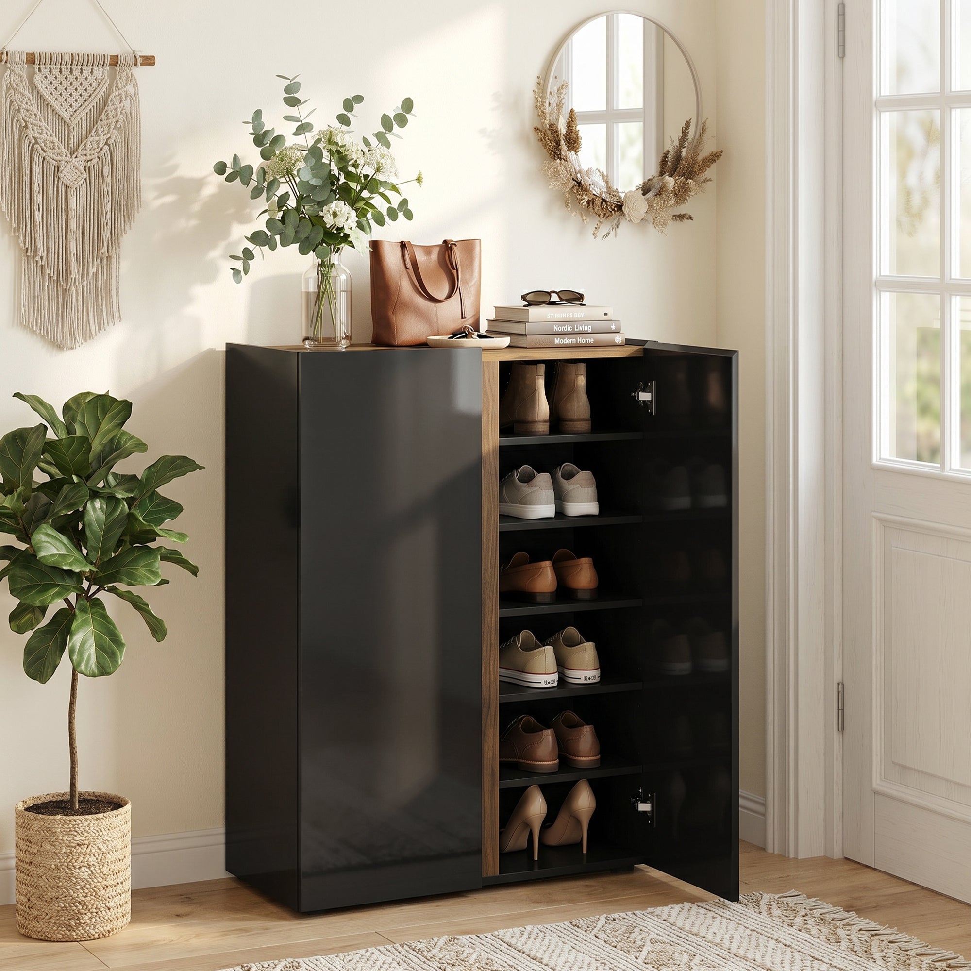 Shoe Cabinet with Soft-Close Safety Doors, 6-Tier Storage for up to 18 Pairs, Handleless Design, High-Gloss Black