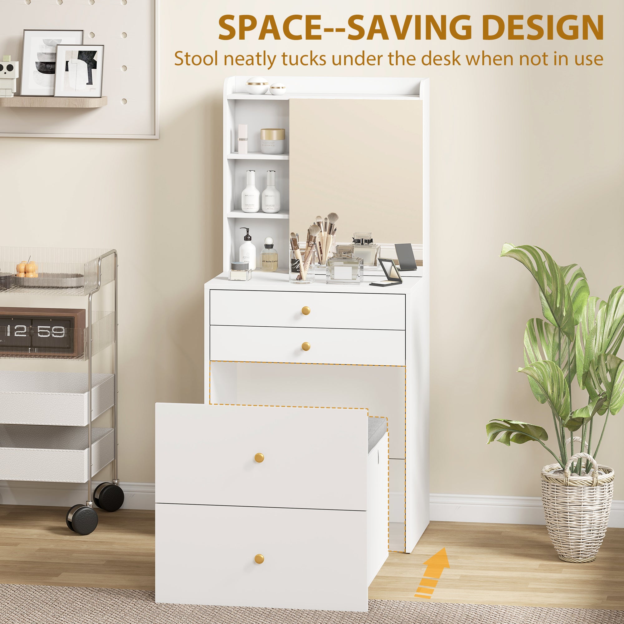 Makeup Vanity with Mirror and Rolling Storage Stool, Cabinet, Drawers, Open Shelves, Linen-Effect Padded Stool, Space-Saving, Modern, White