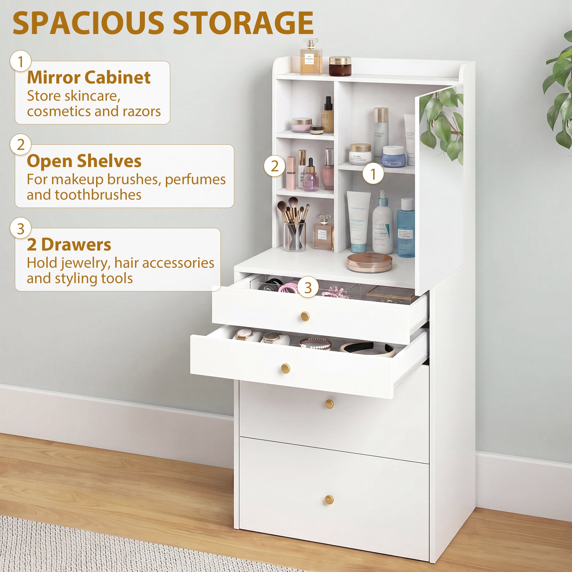 Makeup Vanity with Mirror and Rolling Storage Stool, Cabinet, Drawers, Open Shelves, Linen-Effect Padded Stool, Space-Saving, Modern, White
