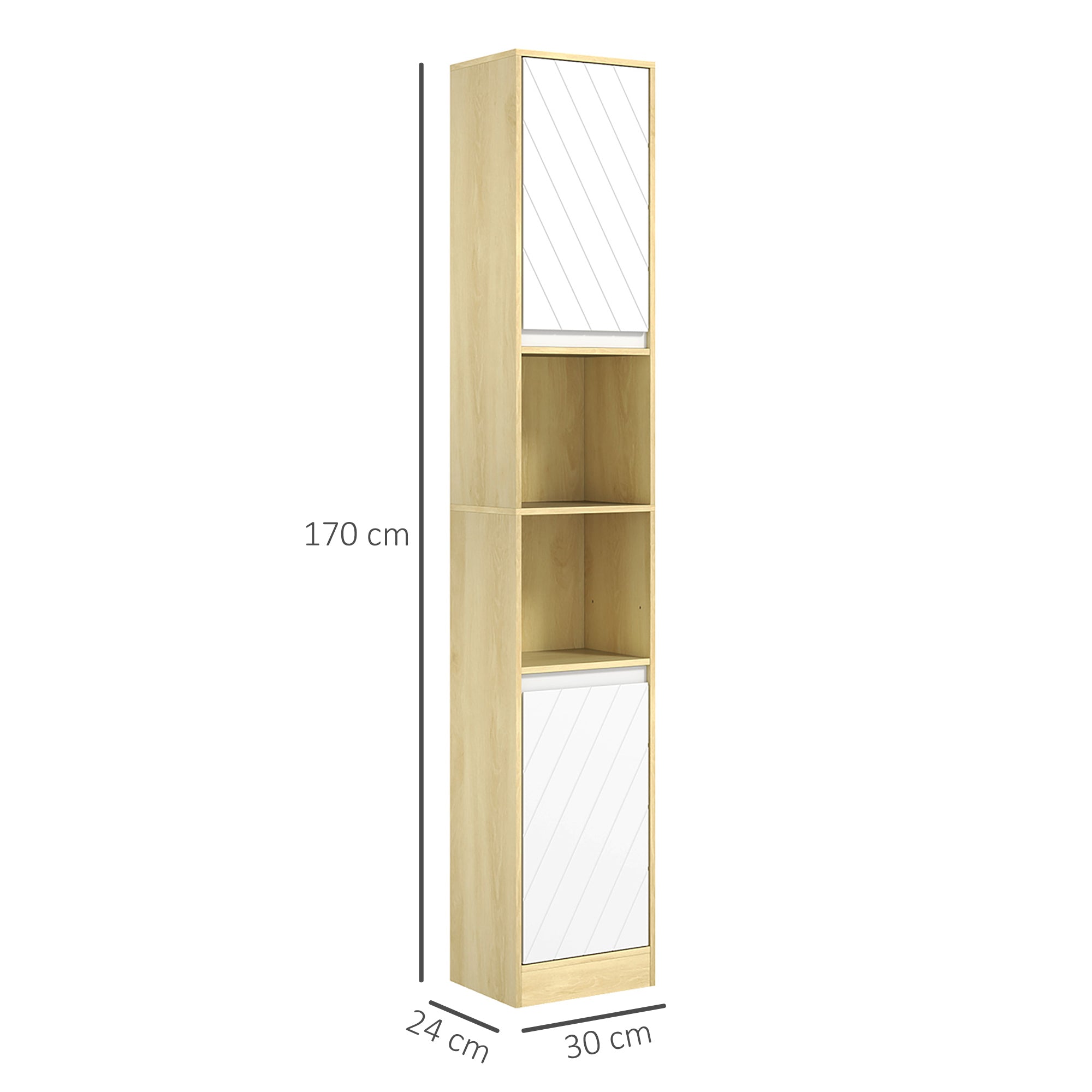 Bathroom Cabinet in Wood, Bathroom Cabinet with 2 Cabinets and Adjustable Shelves, Column Design, 30x24x170 cm, Oak and White