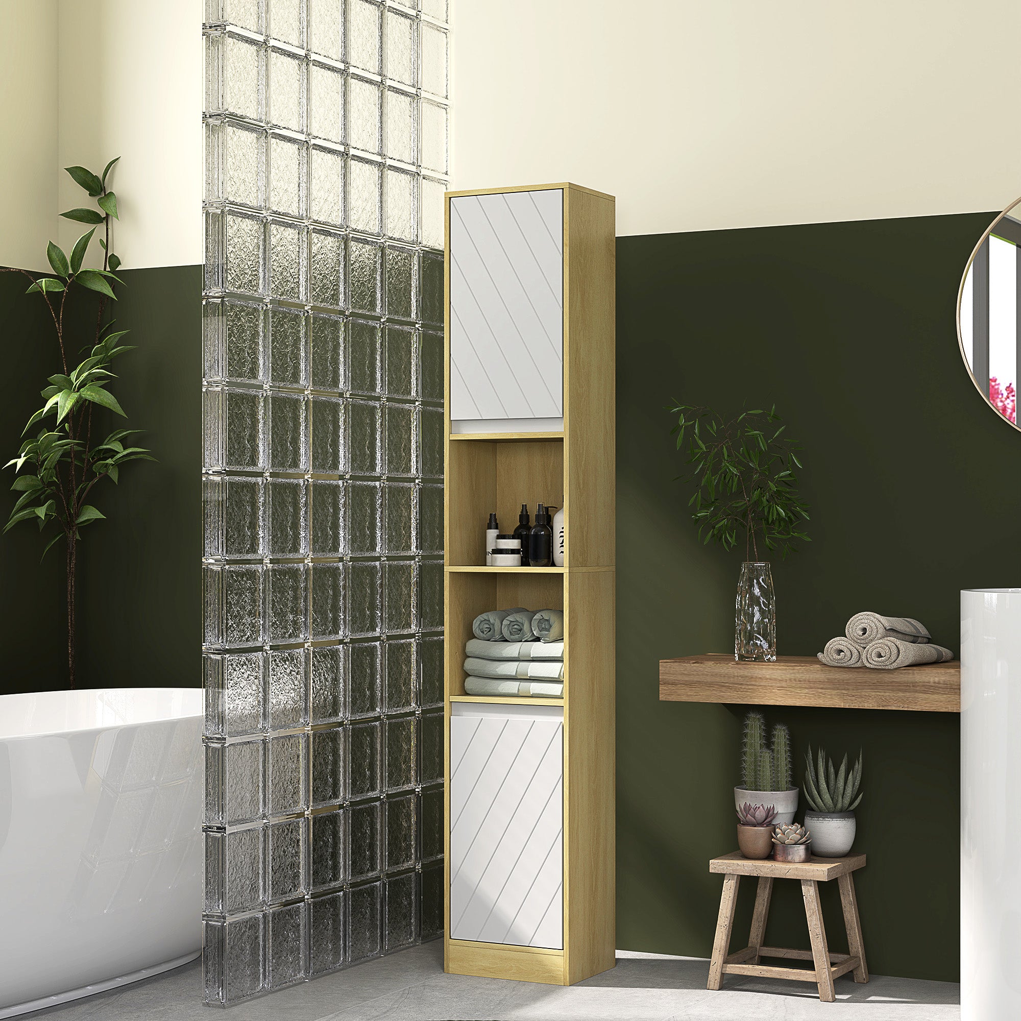 Bathroom Cabinet in Wood, Bathroom Cabinet with 2 Cabinets and Adjustable Shelves, Column Design, 30x24x170 cm, Oak and White