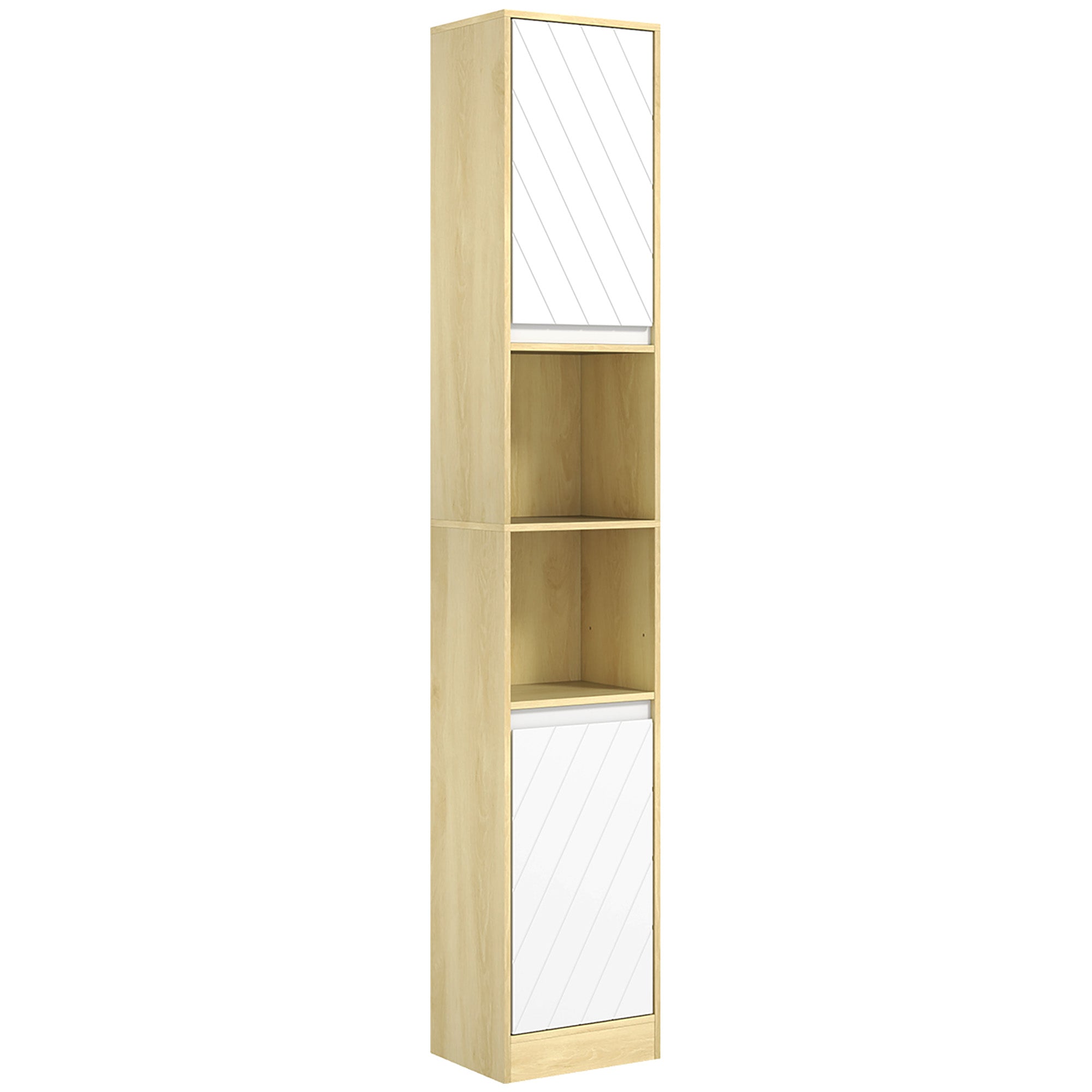 Bathroom Cabinet in Wood, Bathroom Cabinet with 2 Cabinets and Adjustable Shelves, Column Design, 30x24x170 cm, Oak and White