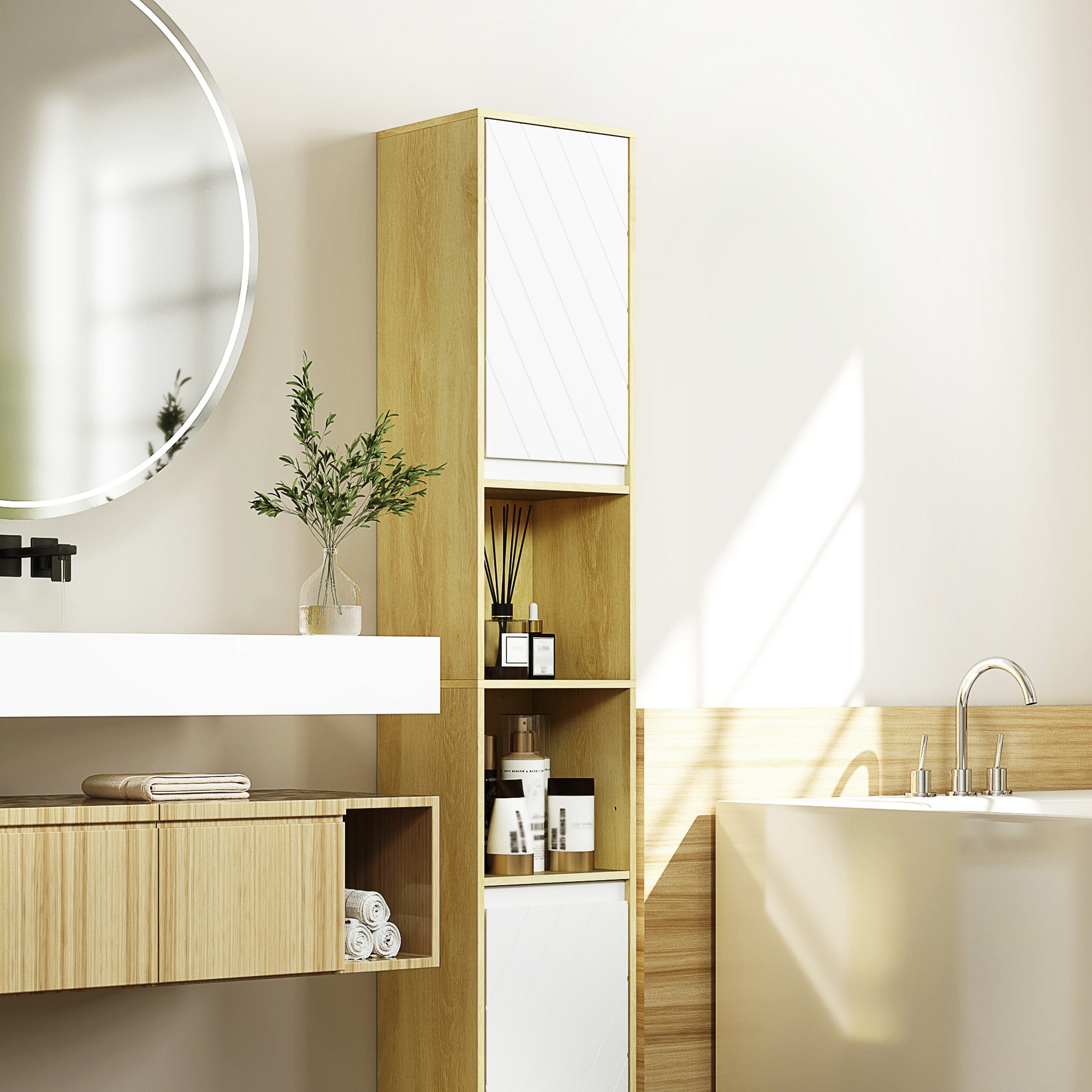 Bathroom Cabinet in Wood, Bathroom Cabinet with 2 Cabinets and Adjustable Shelves, Column Design, 30x24x170 cm, Oak and White
