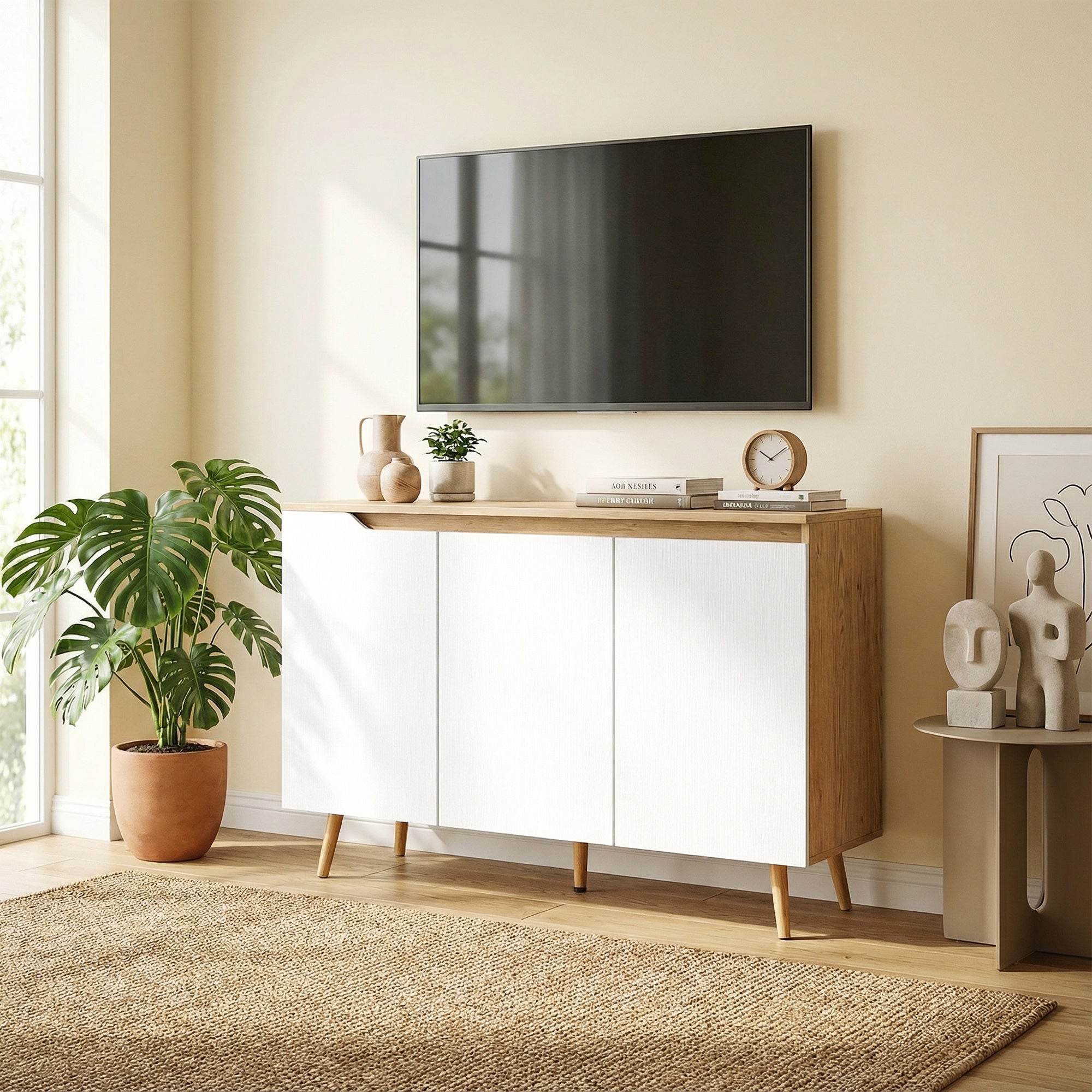 Sideboard Cabinet, 3 Doors, 2 Adjustable Shelves, 5 Hevea Rubberwood Legs, Rustic Oak & White, 107 x 35 x 76.5 cm (42.1 x 13.8 x 30.1 in)