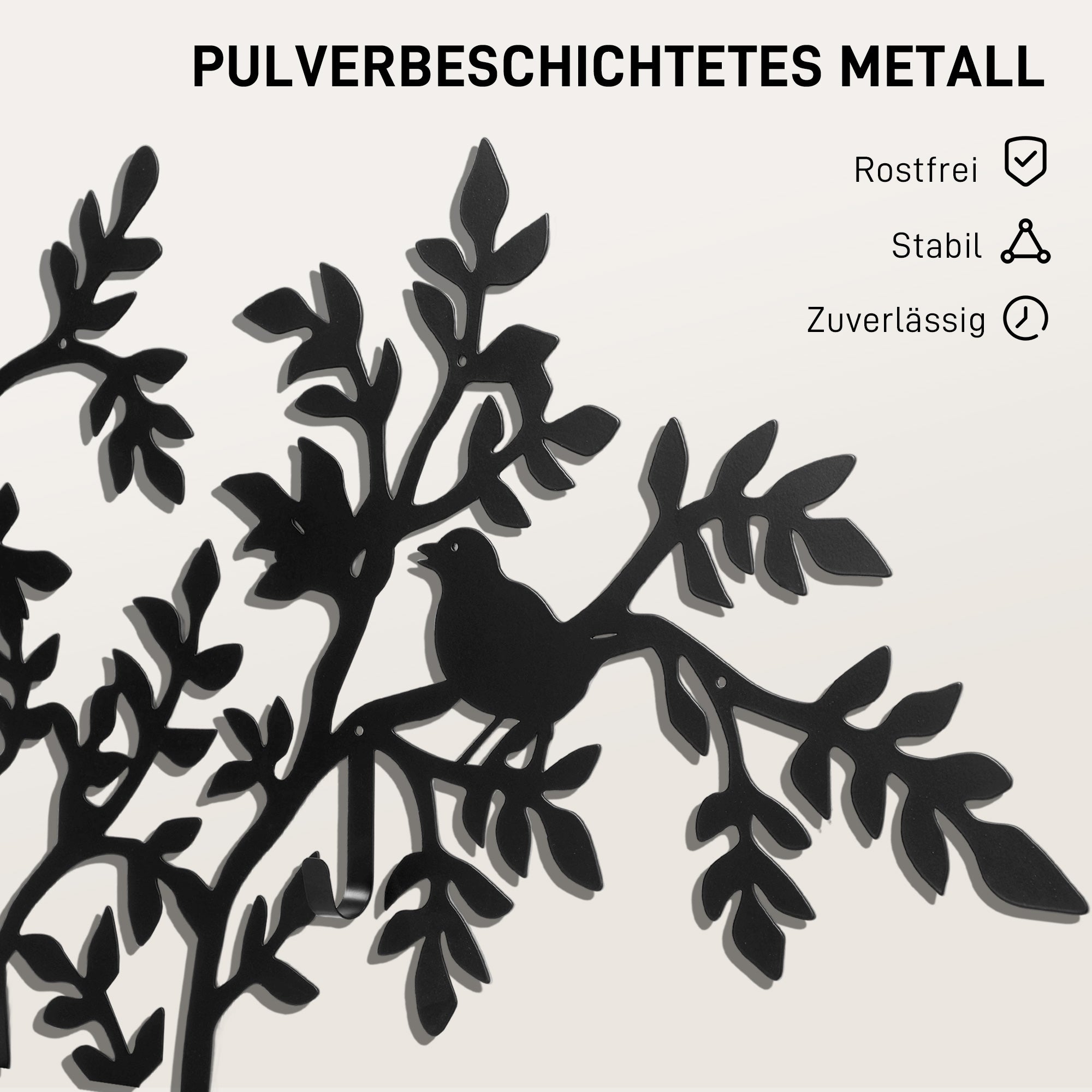 Coat Hook Wall Coat Rack in Tree Shape with 4 Birds Coat Rack with 8 Hooks Wall Decor for Jackets, Coats, Hats, Scarves, Handbags, 120 x 175 cm, Black