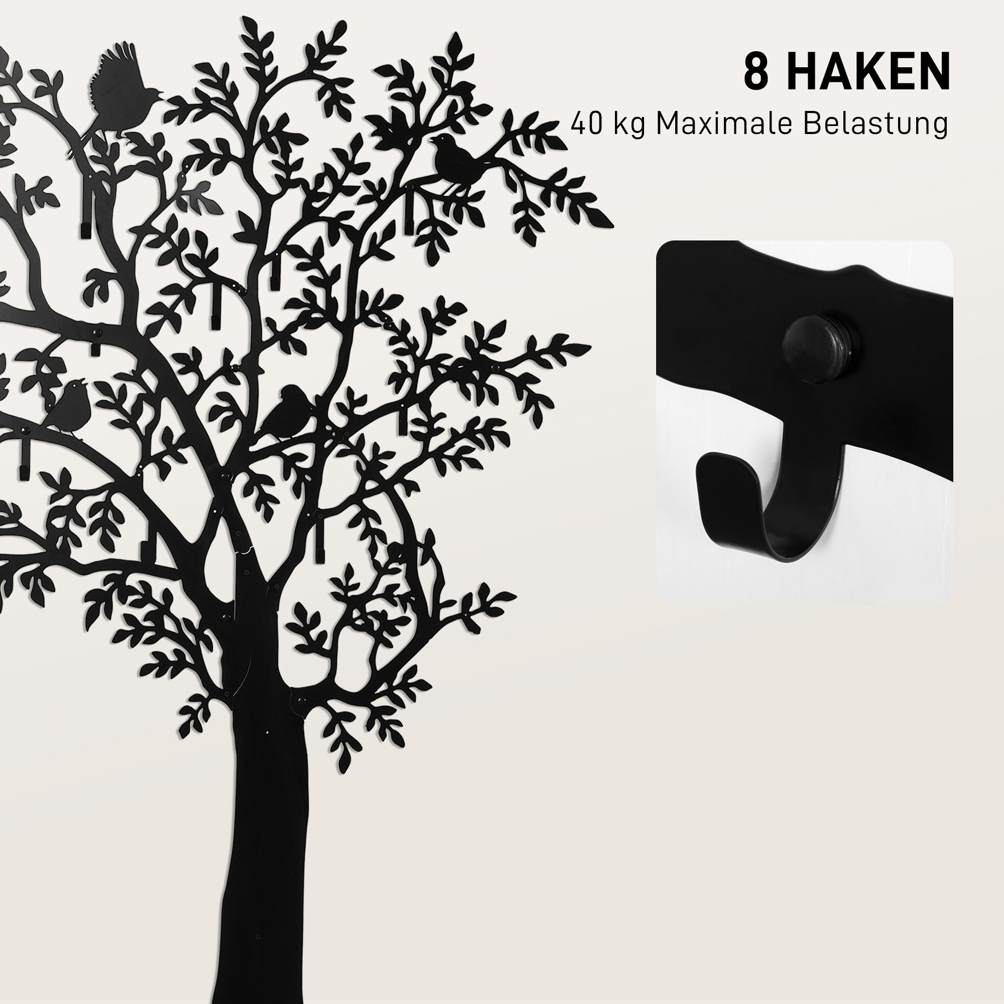 Coat Hook Wall Coat Rack in Tree Shape with 4 Birds Coat Rack with 8 Hooks Wall Decor for Jackets, Coats, Hats, Scarves, Handbags, 120 x 175 cm, Black