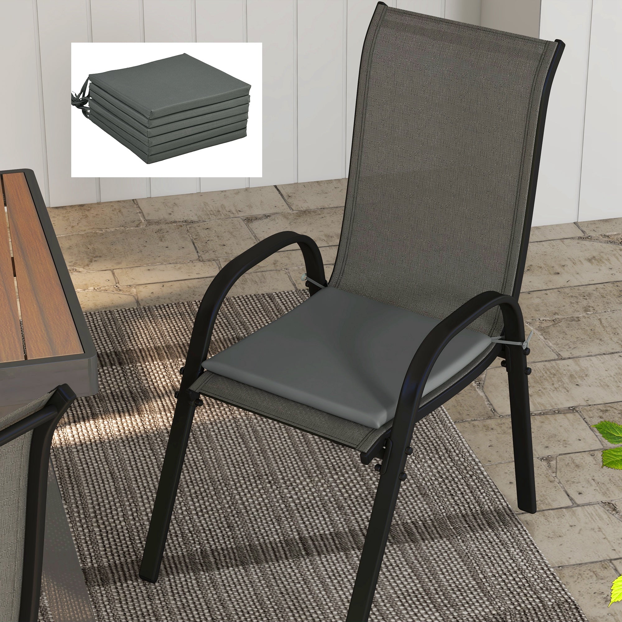 Set of 6 Garden Chair Cushions - Outdoor Chair Cushion Padding 3 cm Polyester Fabric dim. 42L x 42W cm Dark Grey