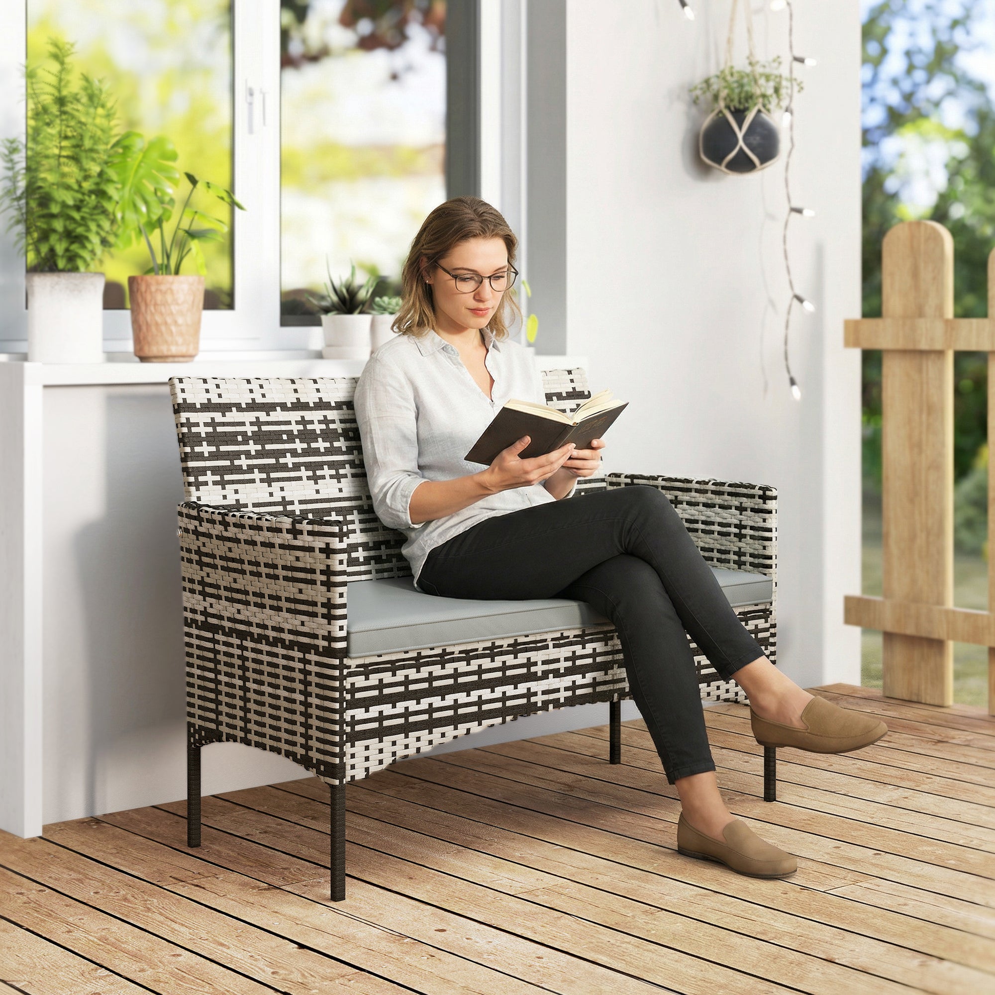 2-Seater Rattan Garden Sofa with Cushions — Weatherproof Outdoor Loveseat, Light Gray
