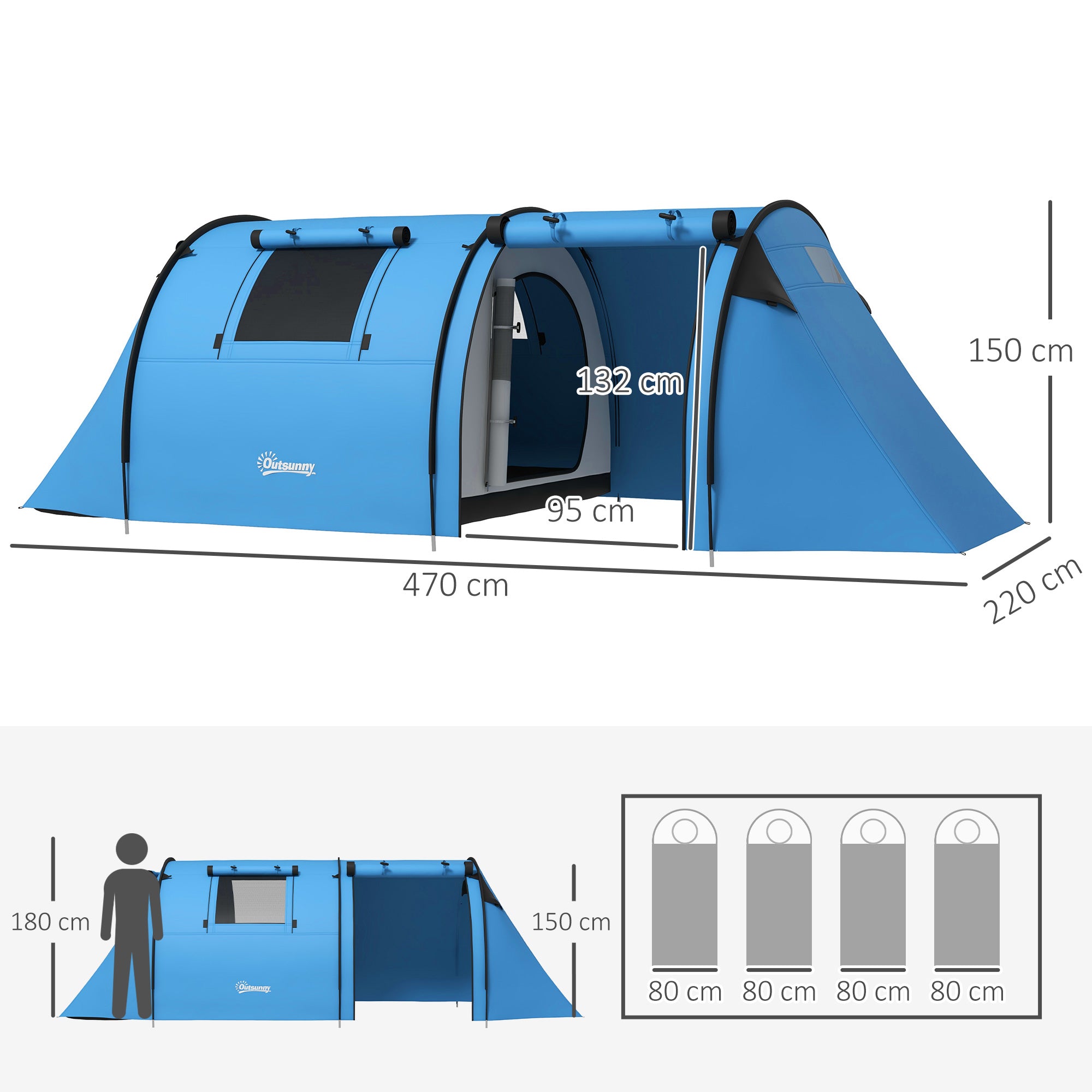 3-Person Family Camping Tent — Foldable Lightweight Tent with Doors, Windows & Hanging Hook, Carry Bag, 3000 mm Waterproof, 470 x 220 x 150 cm (Sky Blue)