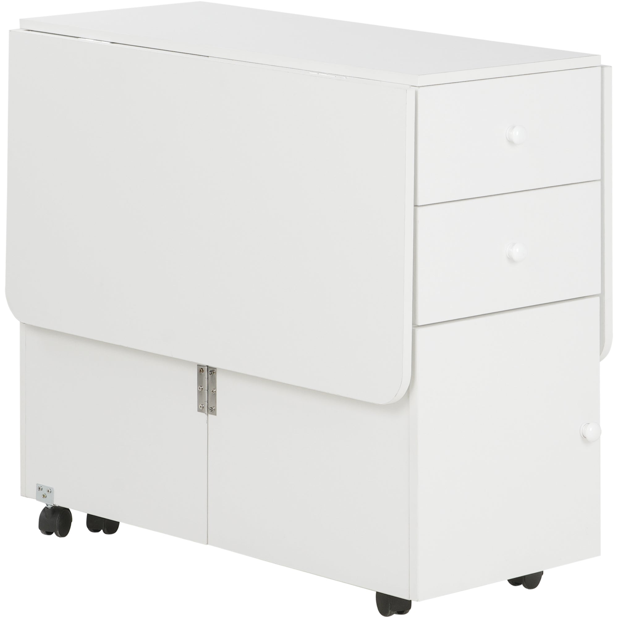 Folding Dining Table Extendable Kitchen Table with Folding Wings 6 Wheels and 2 Storage Drawers Modern Style 120x80x75 cm White