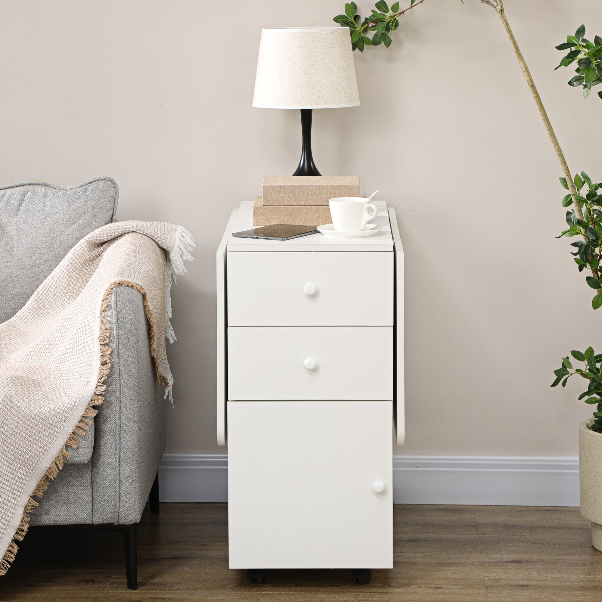 Folding Dining Table Extendable Kitchen Table with Folding Wings 6 Wheels and 2 Storage Drawers Modern Style 120x80x75 cm White