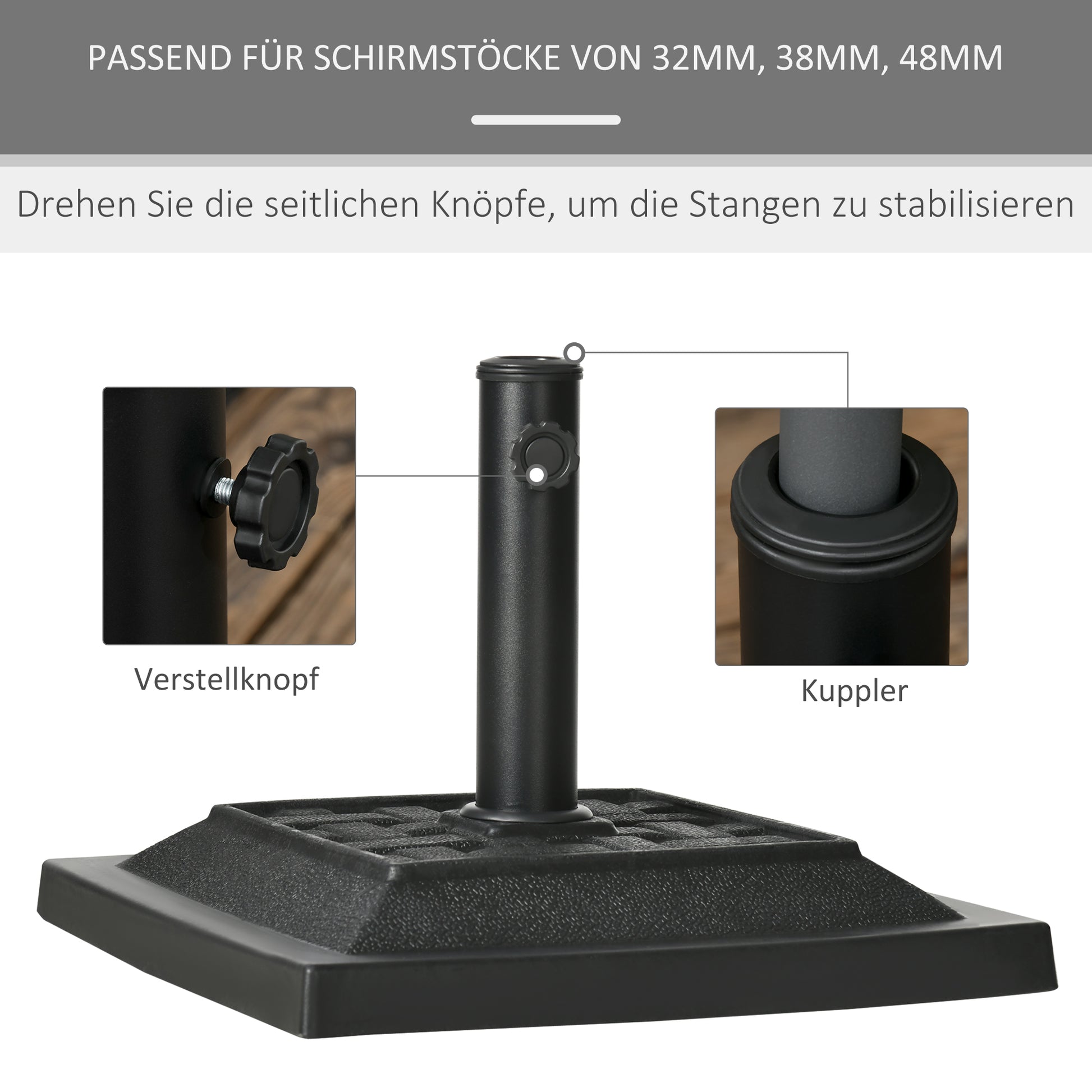 Umbrella Stand 12 kg Square Umbrella Base Umbrella Weight, Umbrella Holder, Stand for Umbrella 32/38/48mm Pole Diameter, for Balcony, Terrace, Garden, Black