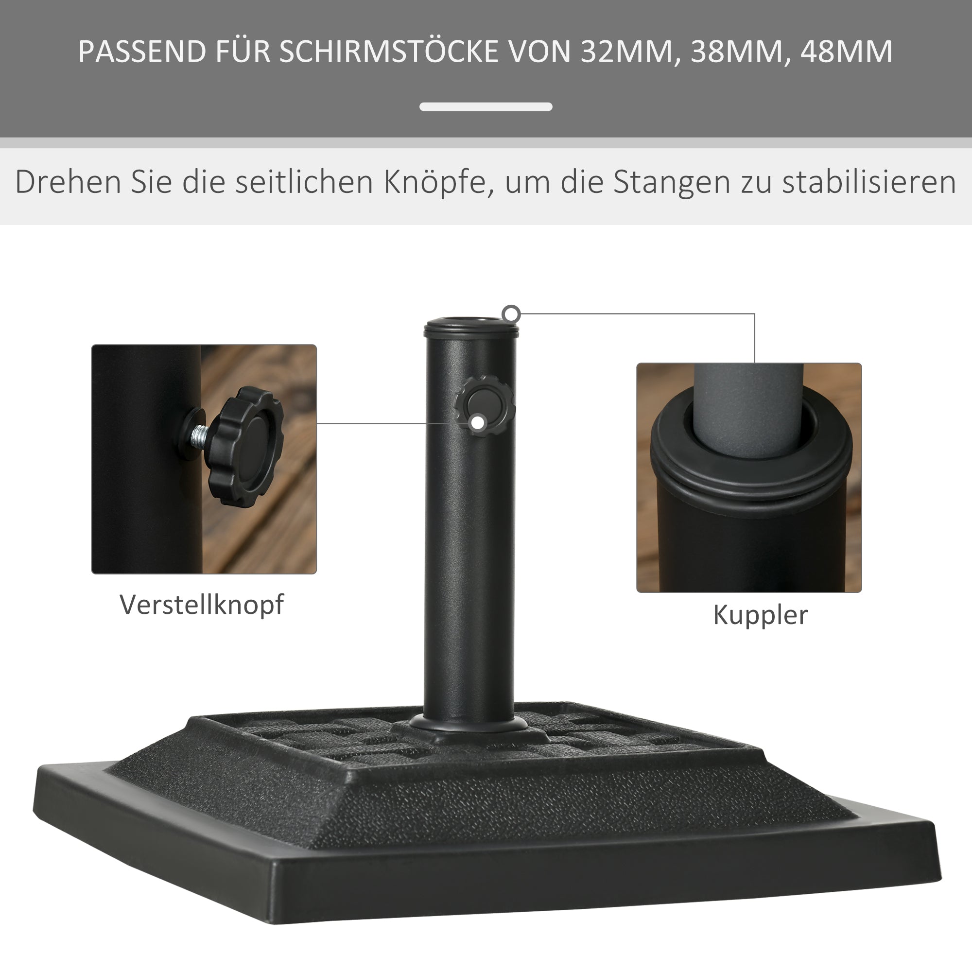 Umbrella Stand 12 kg Square Umbrella Base Umbrella Weight, Umbrella Holder, Stand for Umbrella 32/38/48mm Pole Diameter, for Balcony, Terrace, Garden, Black