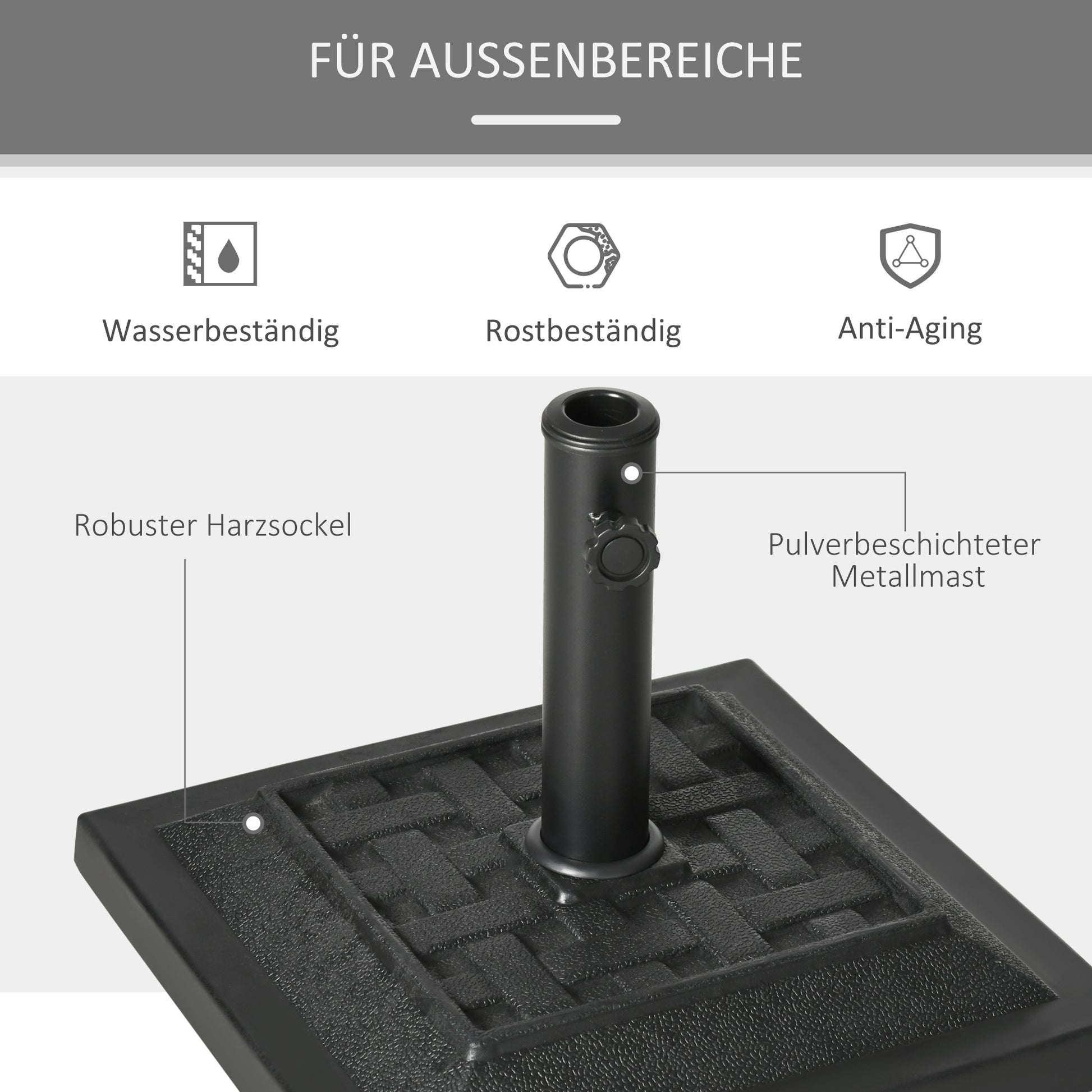 Umbrella Stand 12 kg Square Umbrella Base Umbrella Weight, Umbrella Holder, Stand for Umbrella 32/38/48mm Pole Diameter, for Balcony, Terrace, Garden, Black