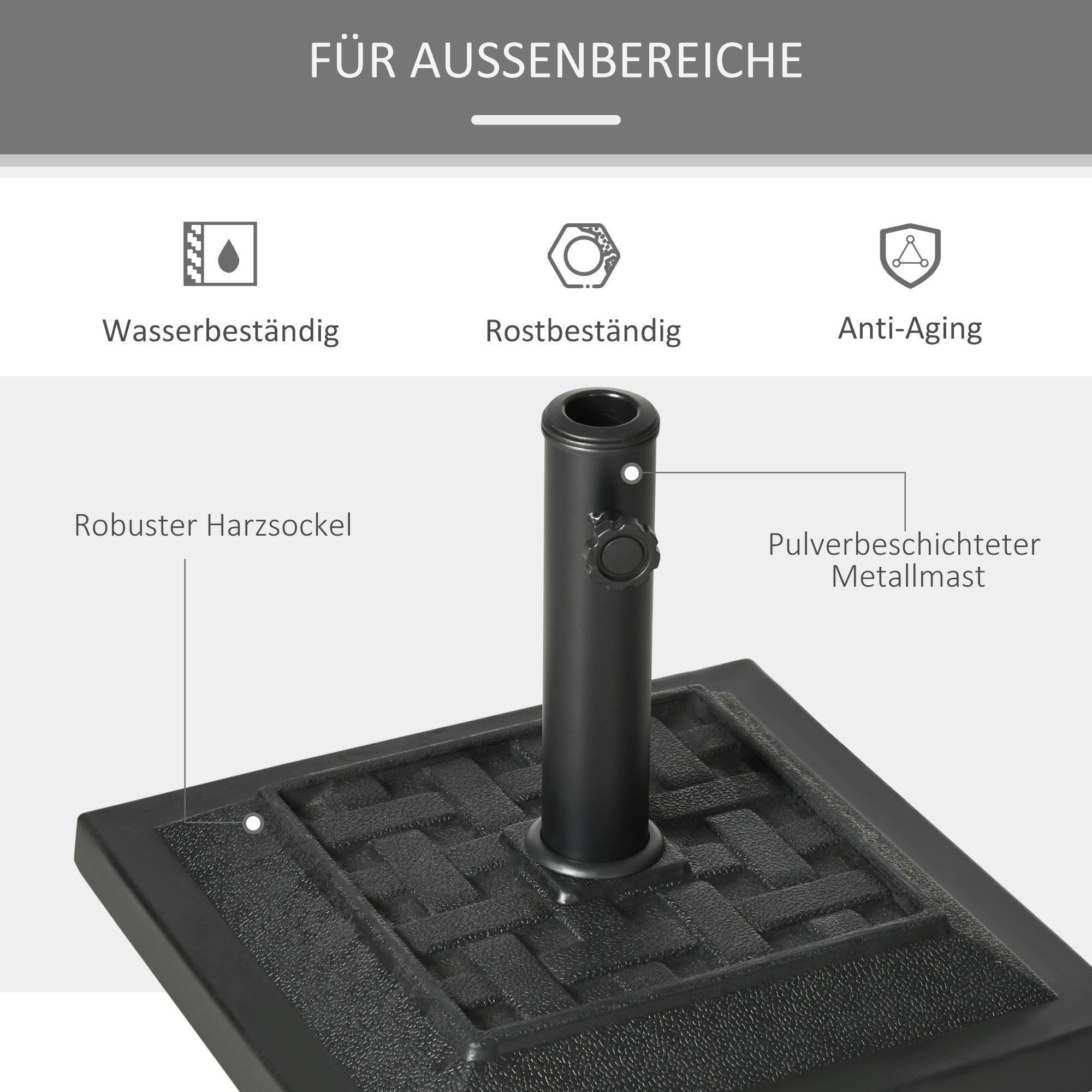 Umbrella Stand 12 kg Square Umbrella Base Umbrella Weight, Umbrella Holder, Stand for Umbrella 32/38/48mm Pole Diameter, for Balcony, Terrace, Garden, Black