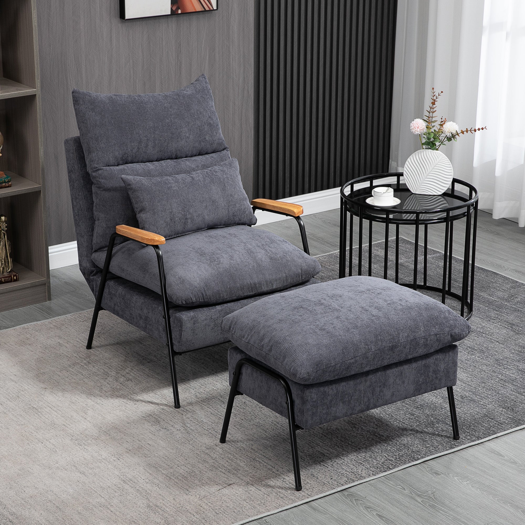 Relax Armchair with Footstool Chair with Adjustable Backrest, Reclining Function, Cushion, Modern Lounge Chair Upholstered with Cord Fabric for Living Room Up to 180 kg Load Capacity, Gray