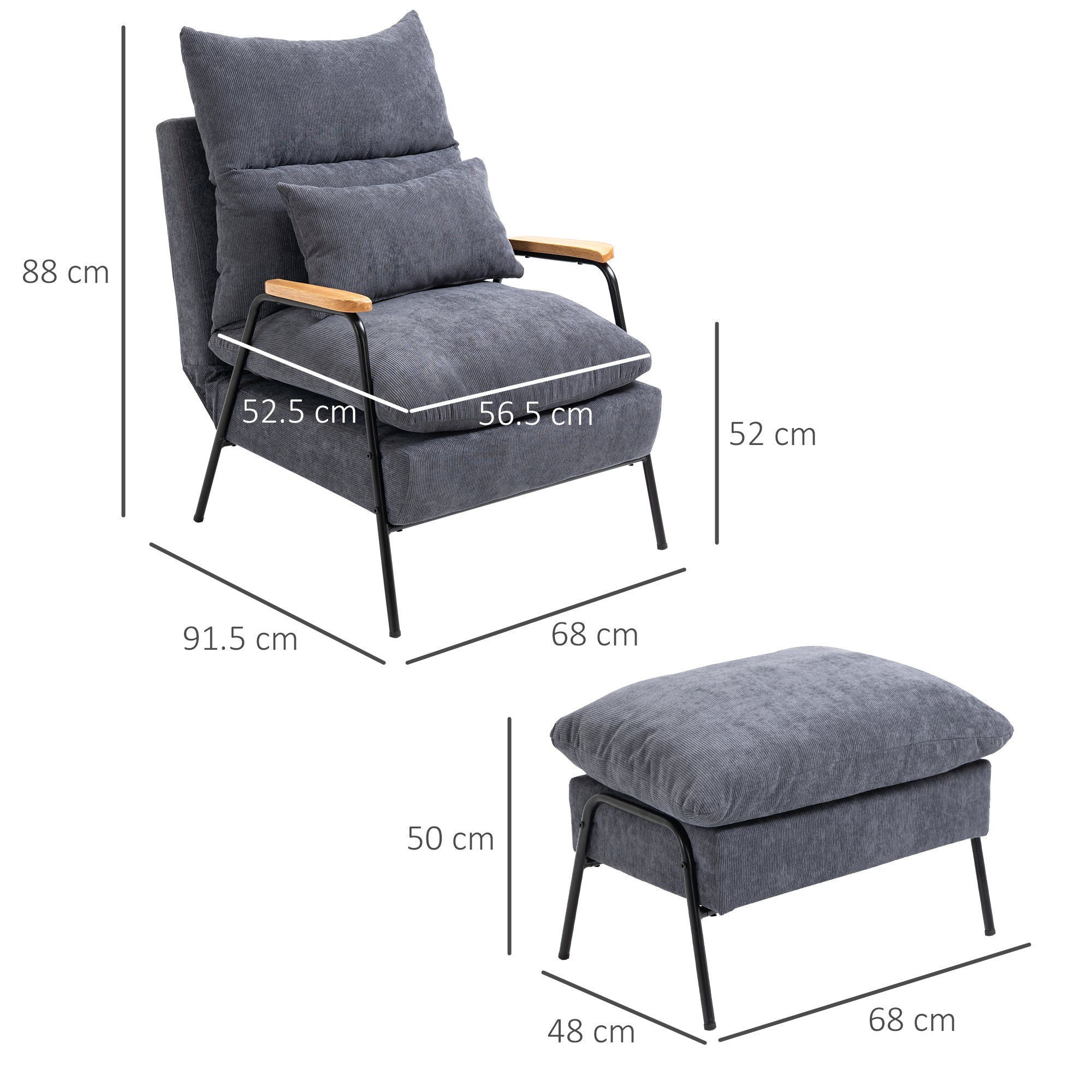 Relax Armchair with Footstool Chair with Adjustable Backrest, Reclining Function, Cushion, Modern Lounge Chair Upholstered with Cord Fabric for Living Room Up to 180 kg Load Capacity, Gray